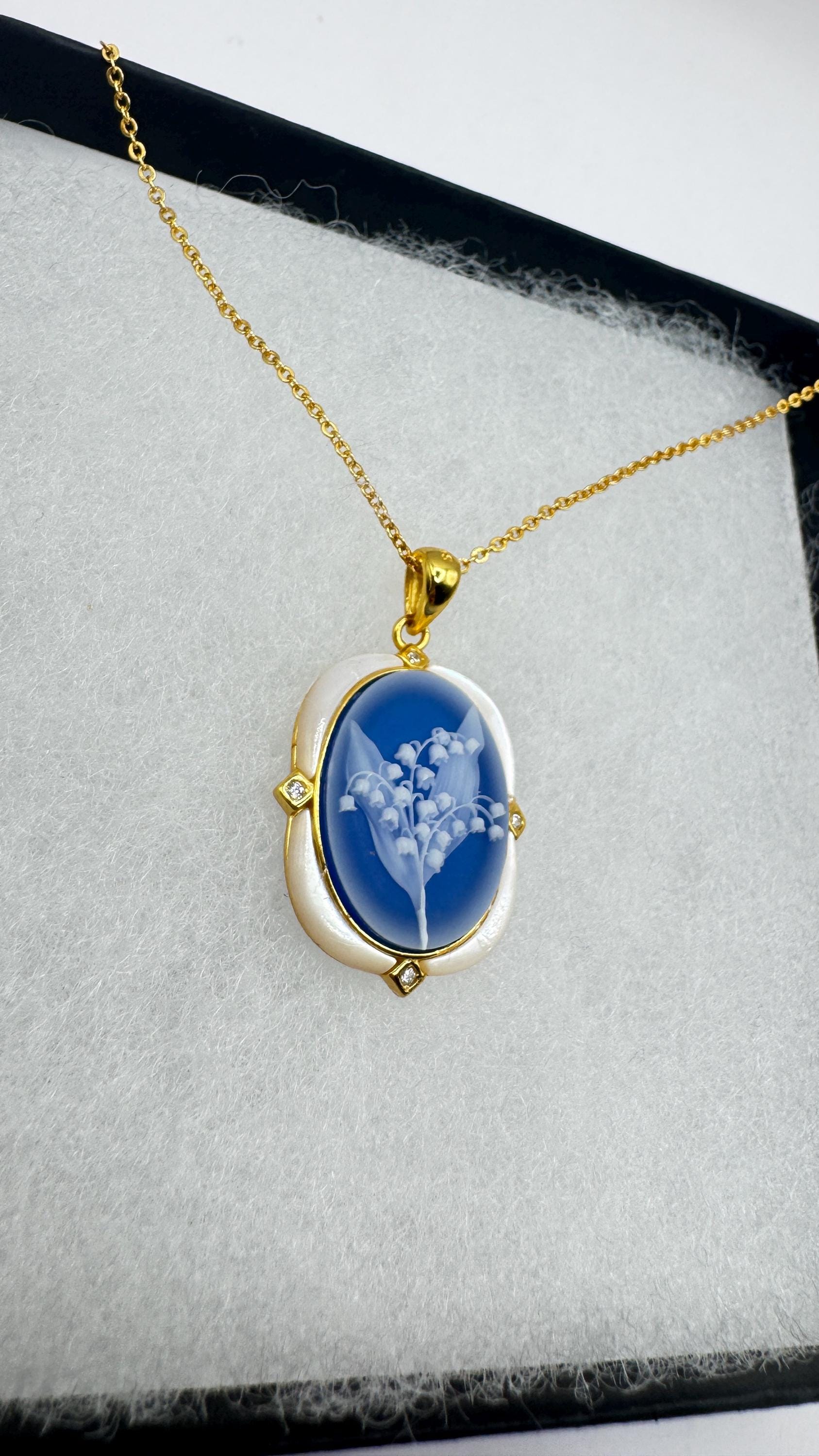 Vintage Lily of the Valley Blue Onyx Cameo Choker Gold 925 Sterling Silver Necklace