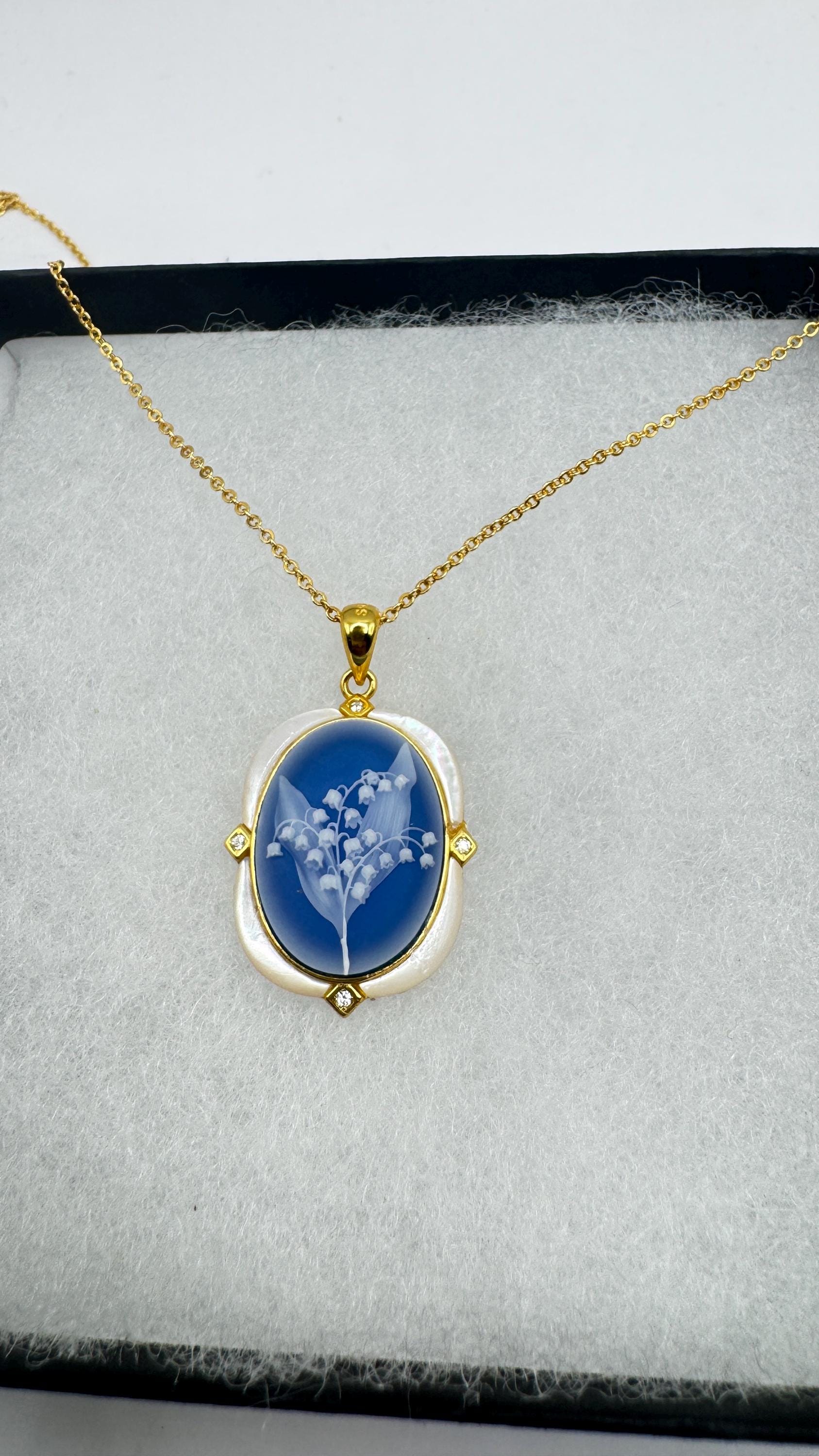 Vintage Lily of the Valley Blue Onyx Cameo Choker Gold 925 Sterling Silver Necklace