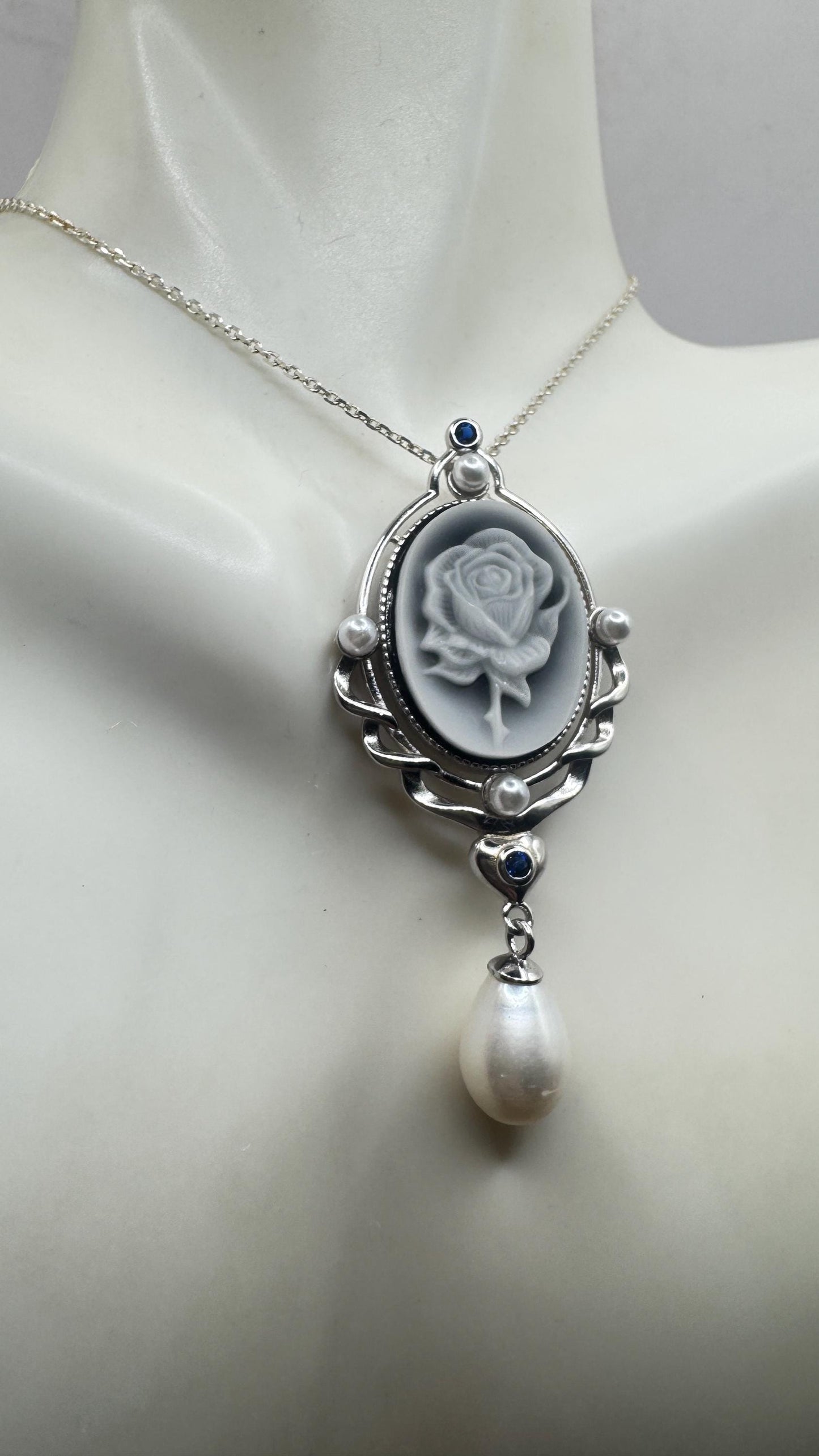 Vintage Rose Flower Cameo 925 Sterling Silver Necklace Choker