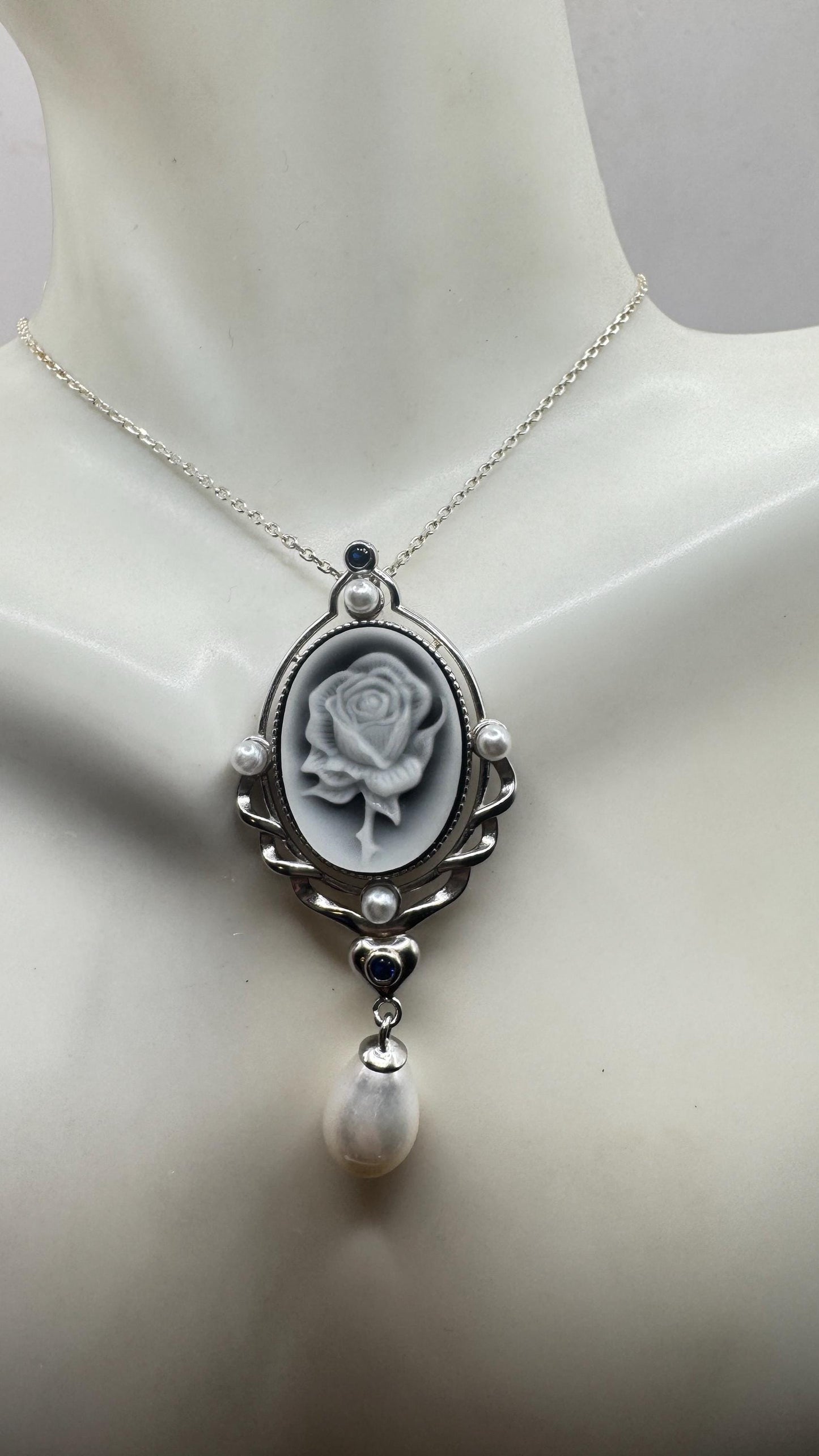 Vintage Rose Flower Cameo 925 Sterling Silver Necklace Choker