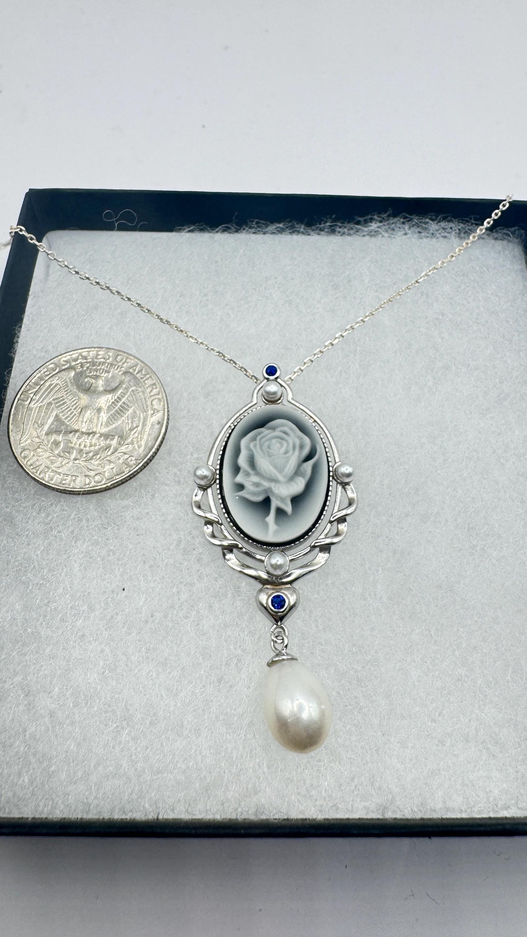 Vintage Rose Flower Cameo 925 Sterling Silver Necklace Choker