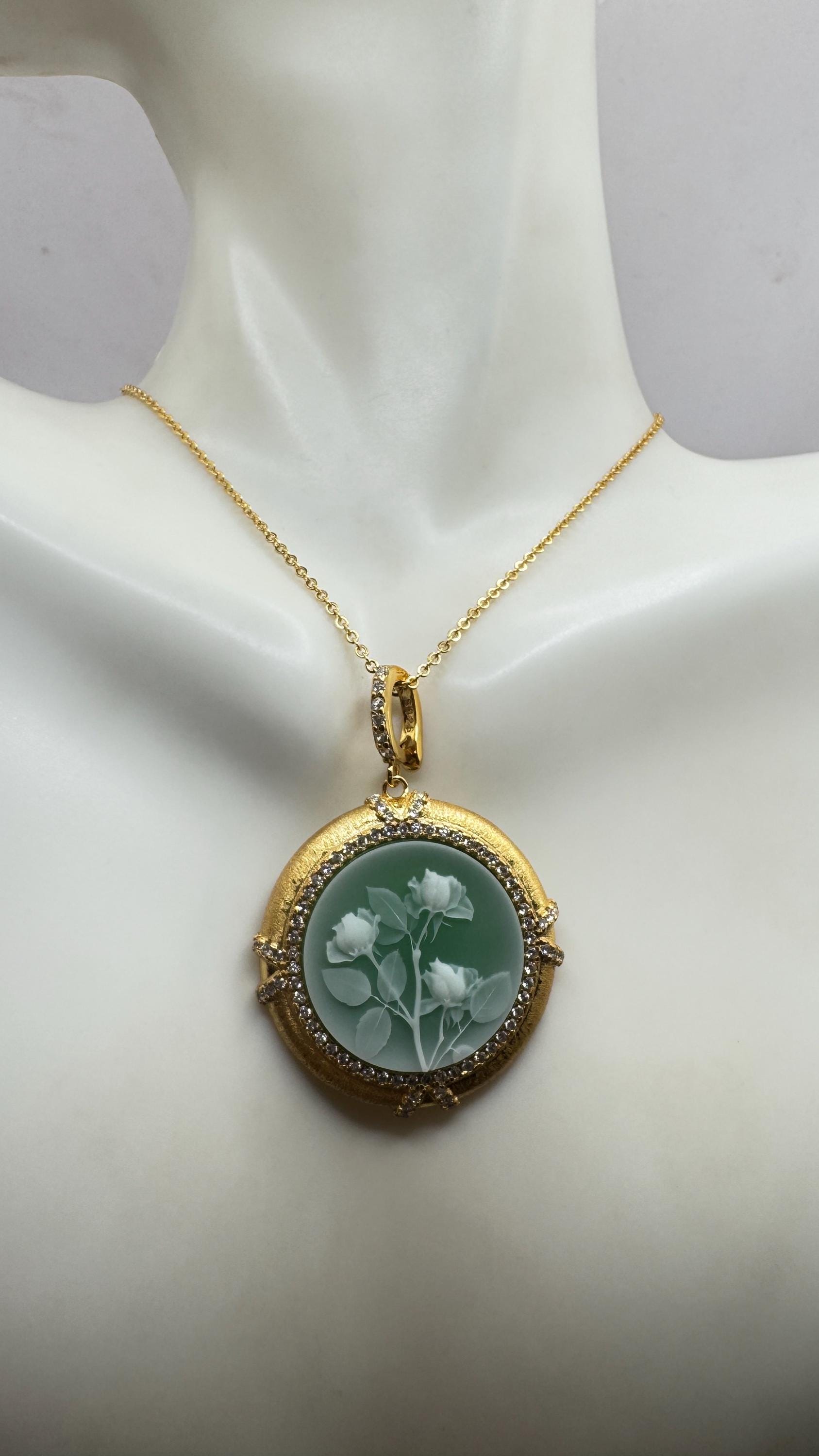 Vintage Rose Flower Cameo 925 Sterling Silver Necklace Choker