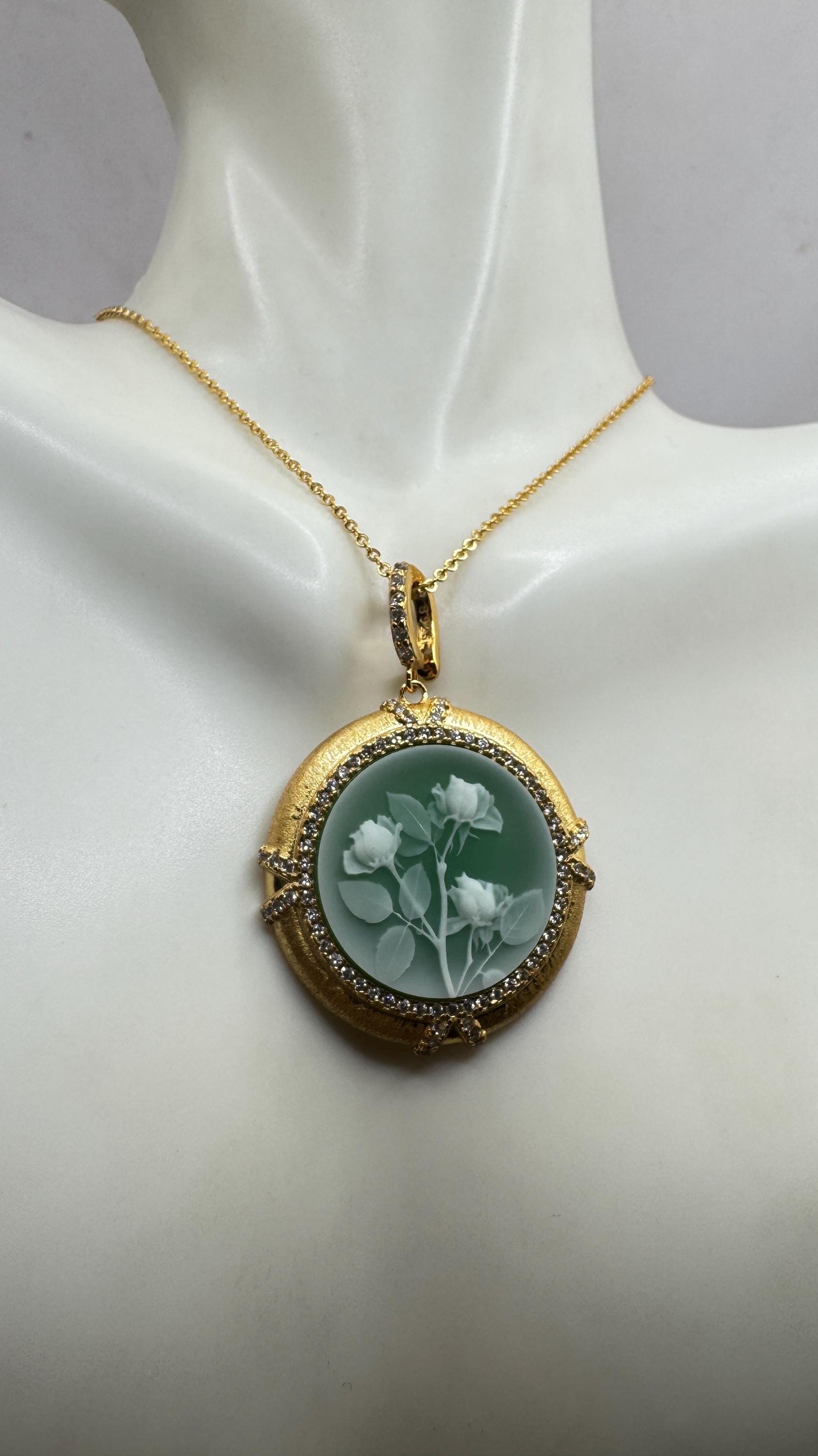 Vintage Rose Flower Cameo 925 Sterling Silver Necklace Choker