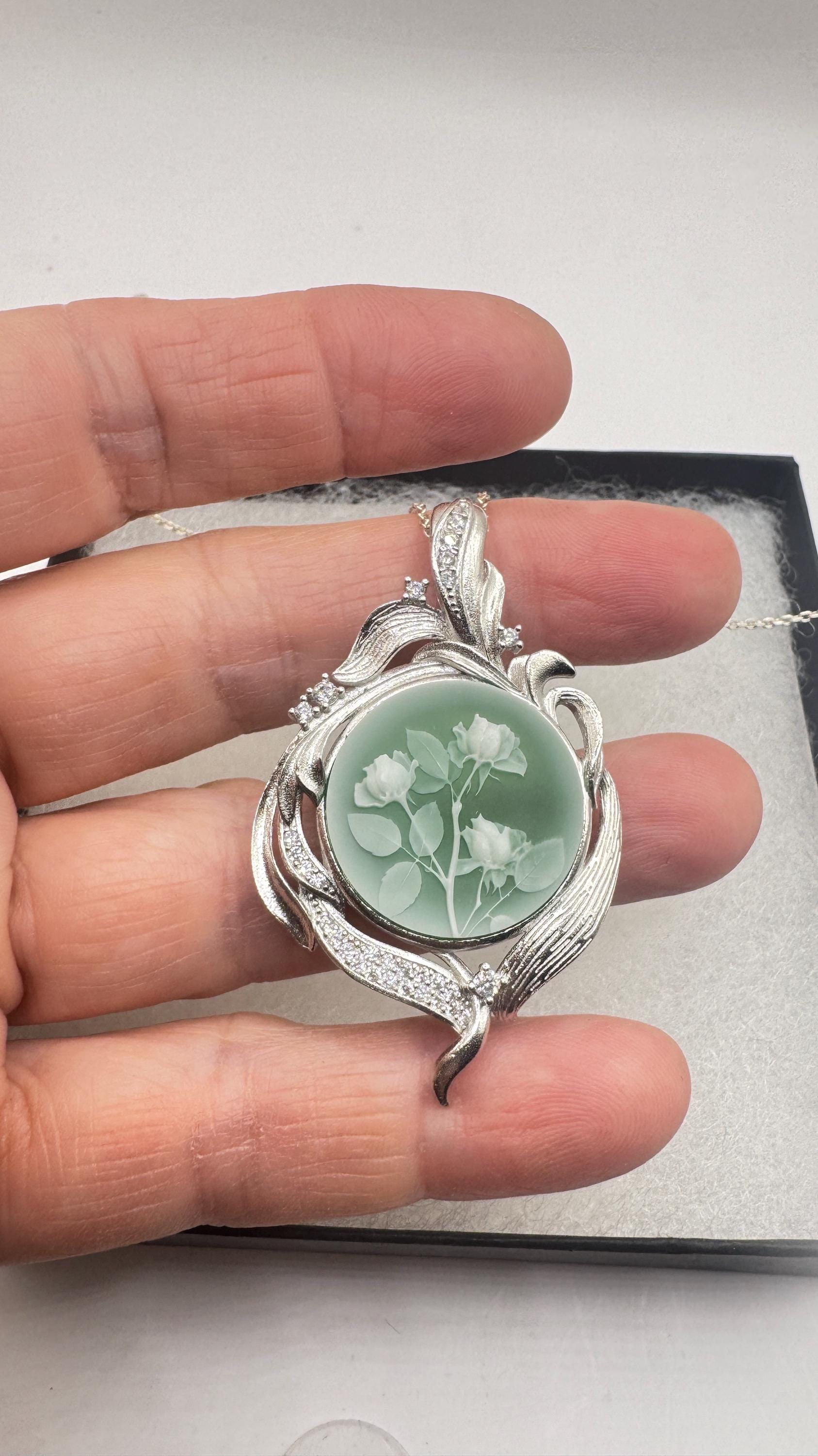 Vintage Rose Flower Cameo 925 Sterling Silver Necklace Choker