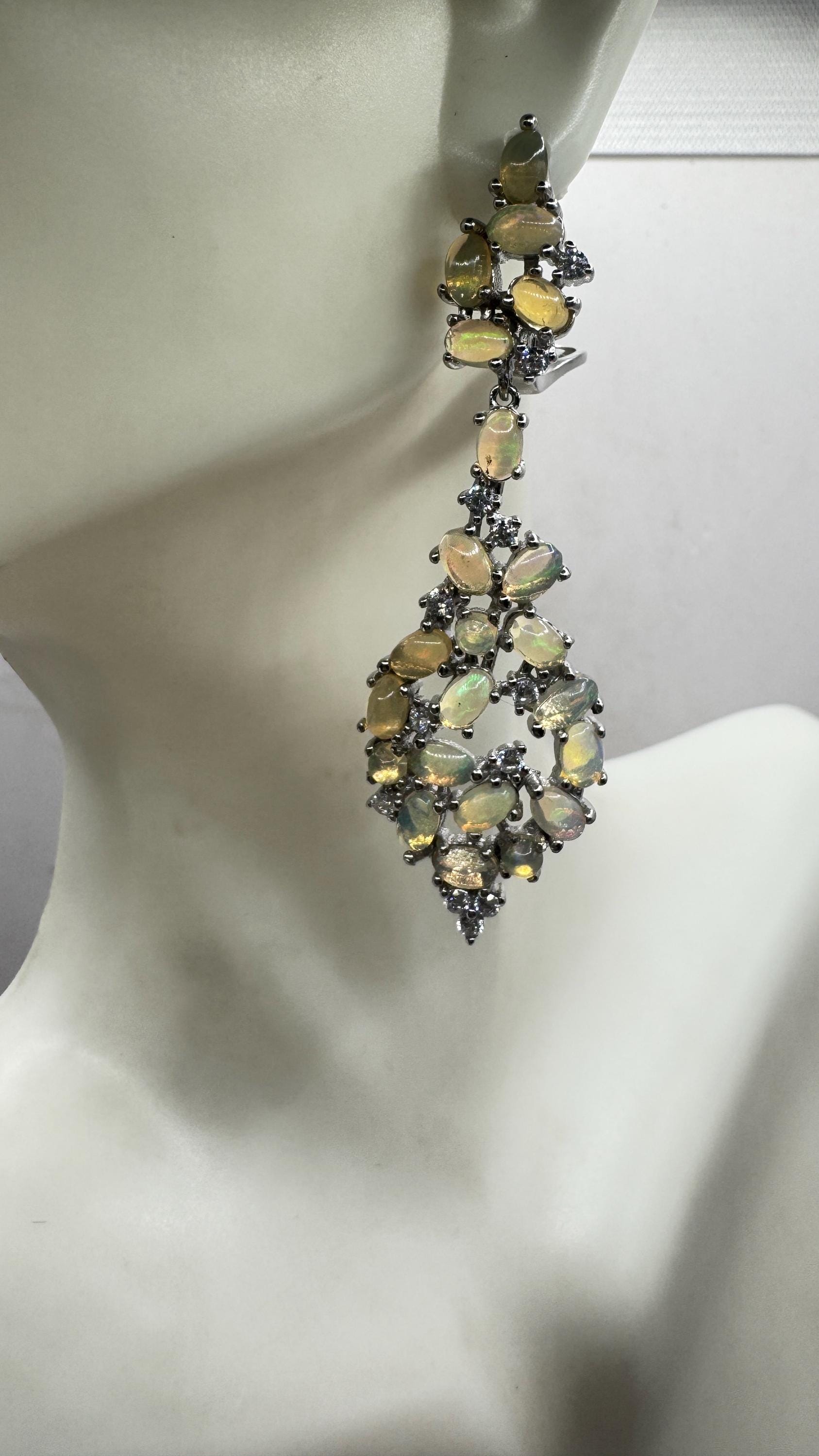 Vintage Opal Earrings 925 Sterling Silver Chadelier Dangle