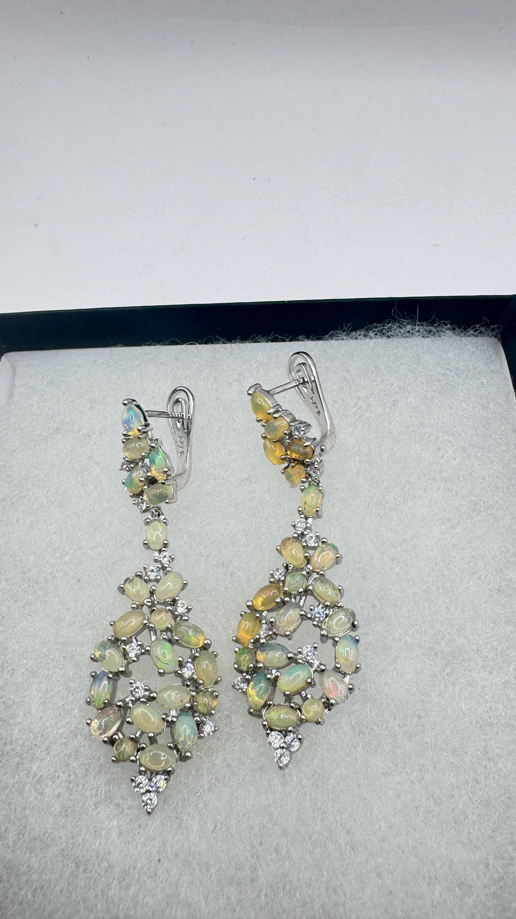 Vintage Opal Earrings 925 Sterling Silver Chadelier Dangle