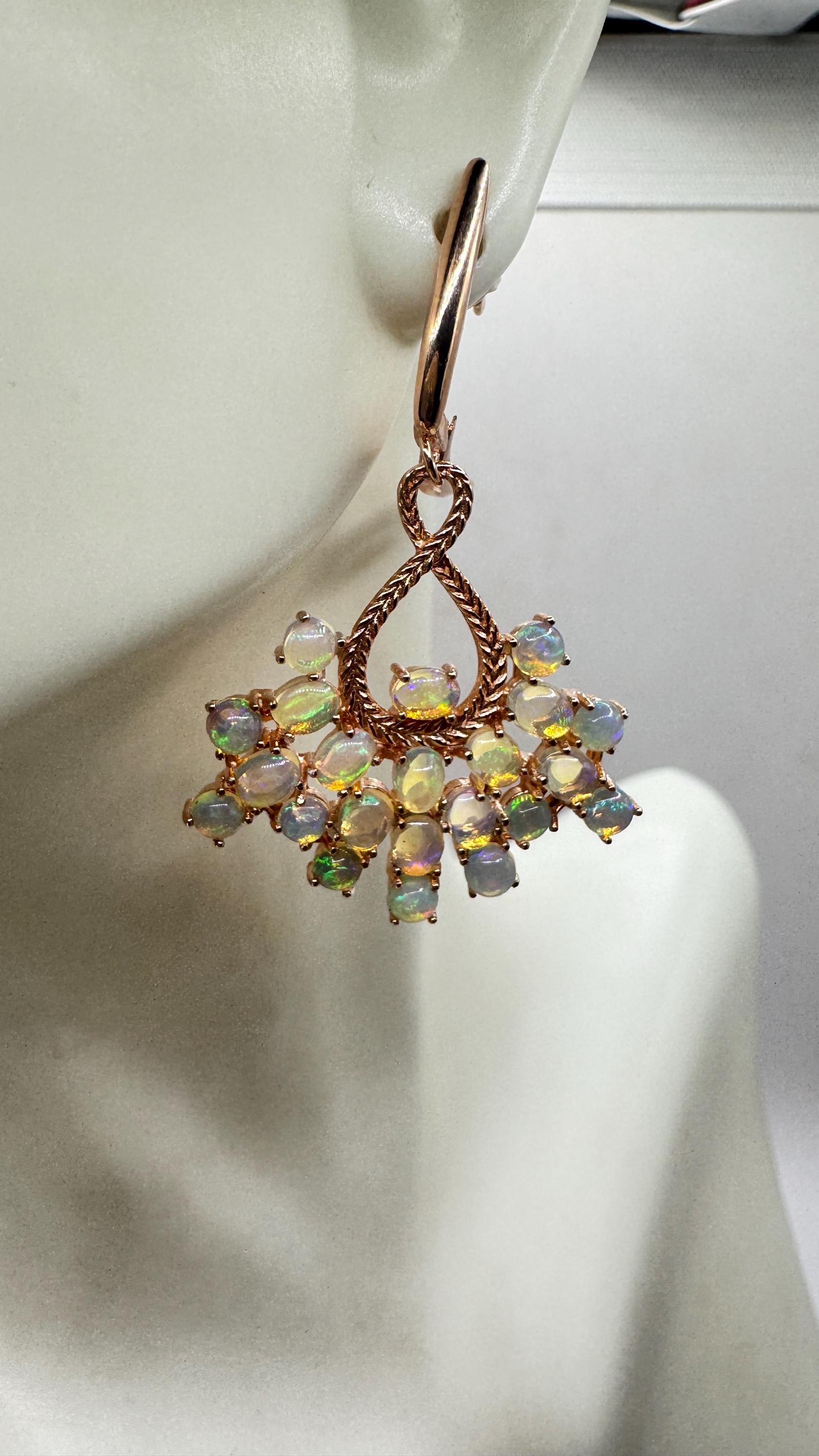 Vintage Opal Earrings Rose Gold 925 Sterling Silver Chadelier Dangle