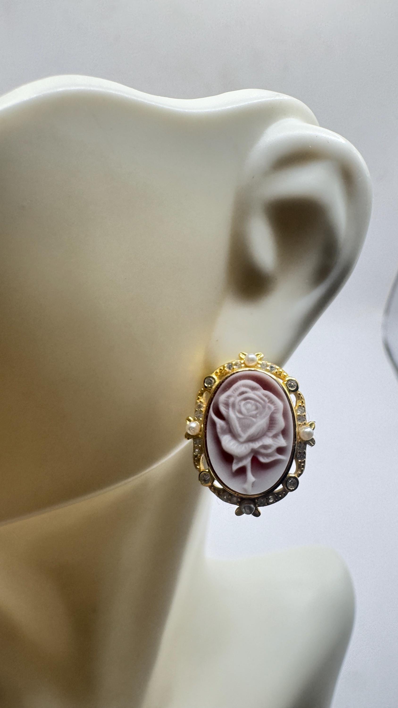 Vintage Rose Cameo Gold 925 Sterling Silver Earrings
