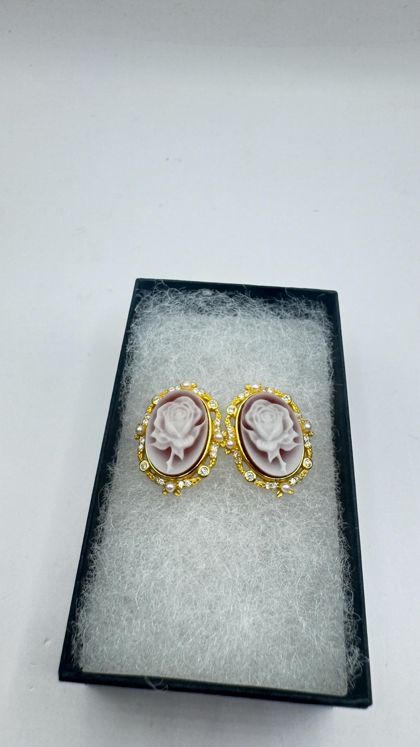 Vintage Rose Cameo Gold 925 Sterling Silver Earrings