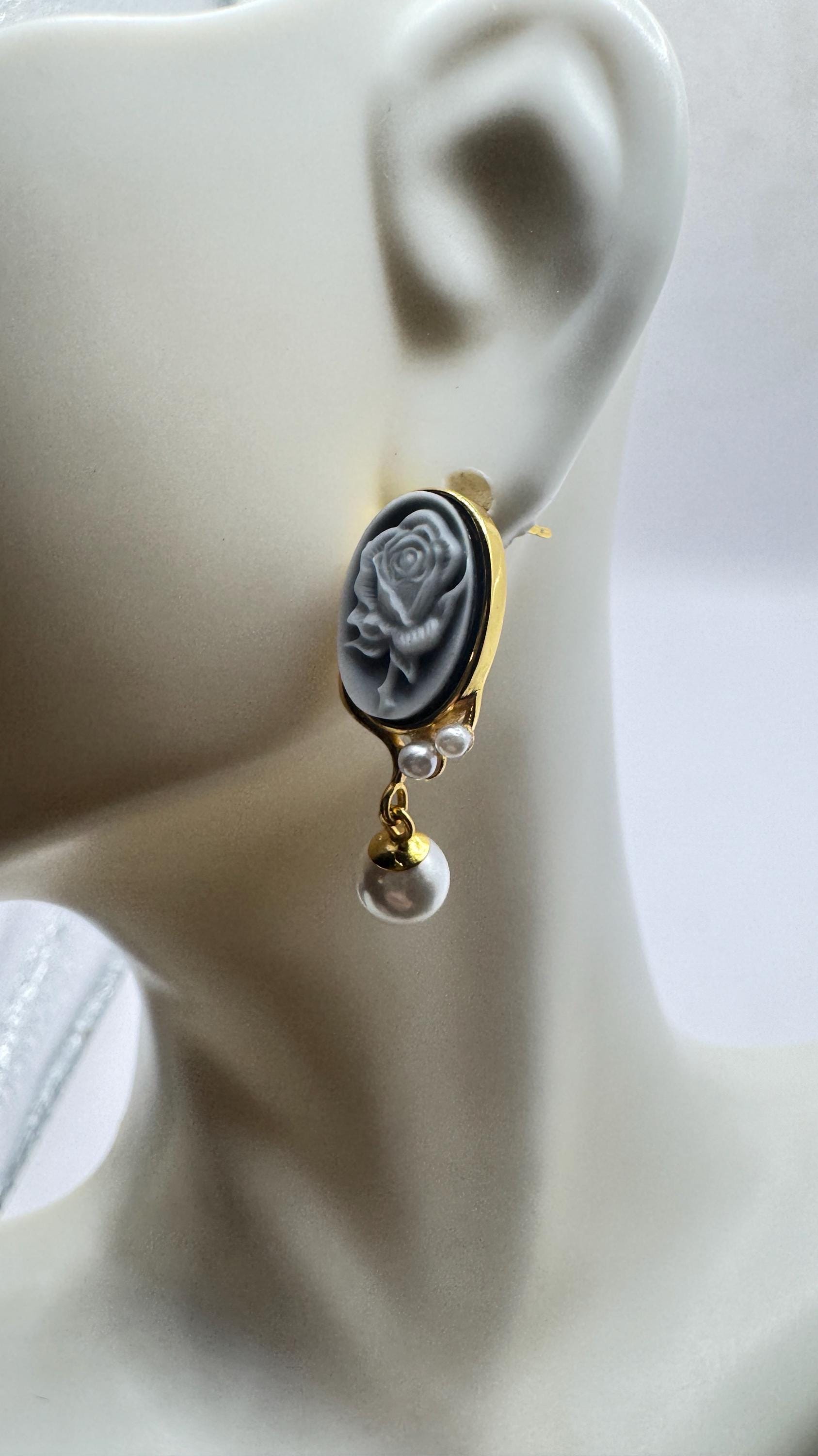 Vintage Rose Cameo Yellow Gold 925 Sterling Silver Earrings