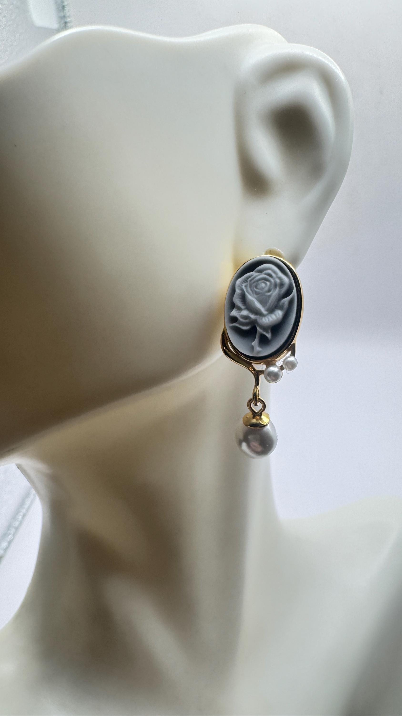 Vintage Rose Cameo Yellow Gold 925 Sterling Silver Earrings