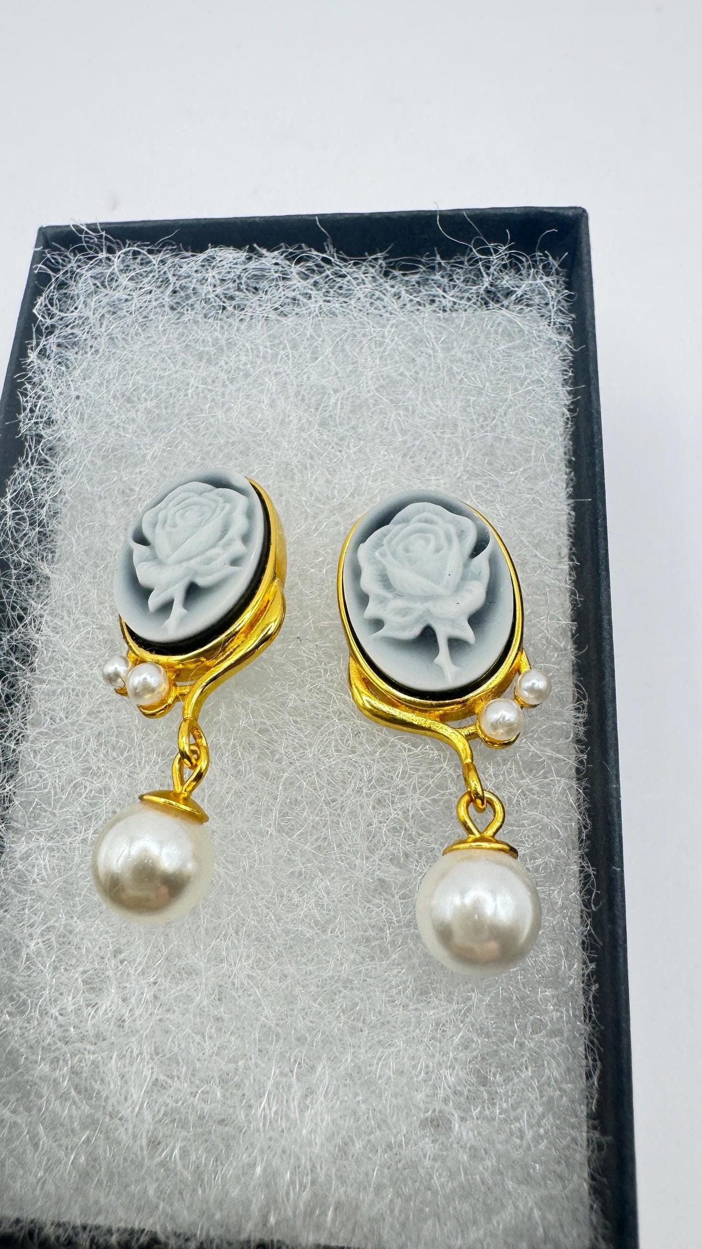 Vintage Rose Cameo Yellow Gold 925 Sterling Silver Earrings