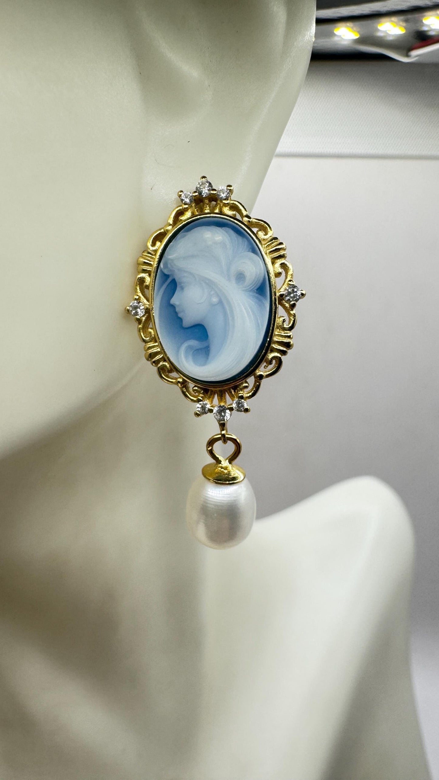 Vintage Blue Onyx Cameo Yellow Gold 925 Sterling Silver Earrings