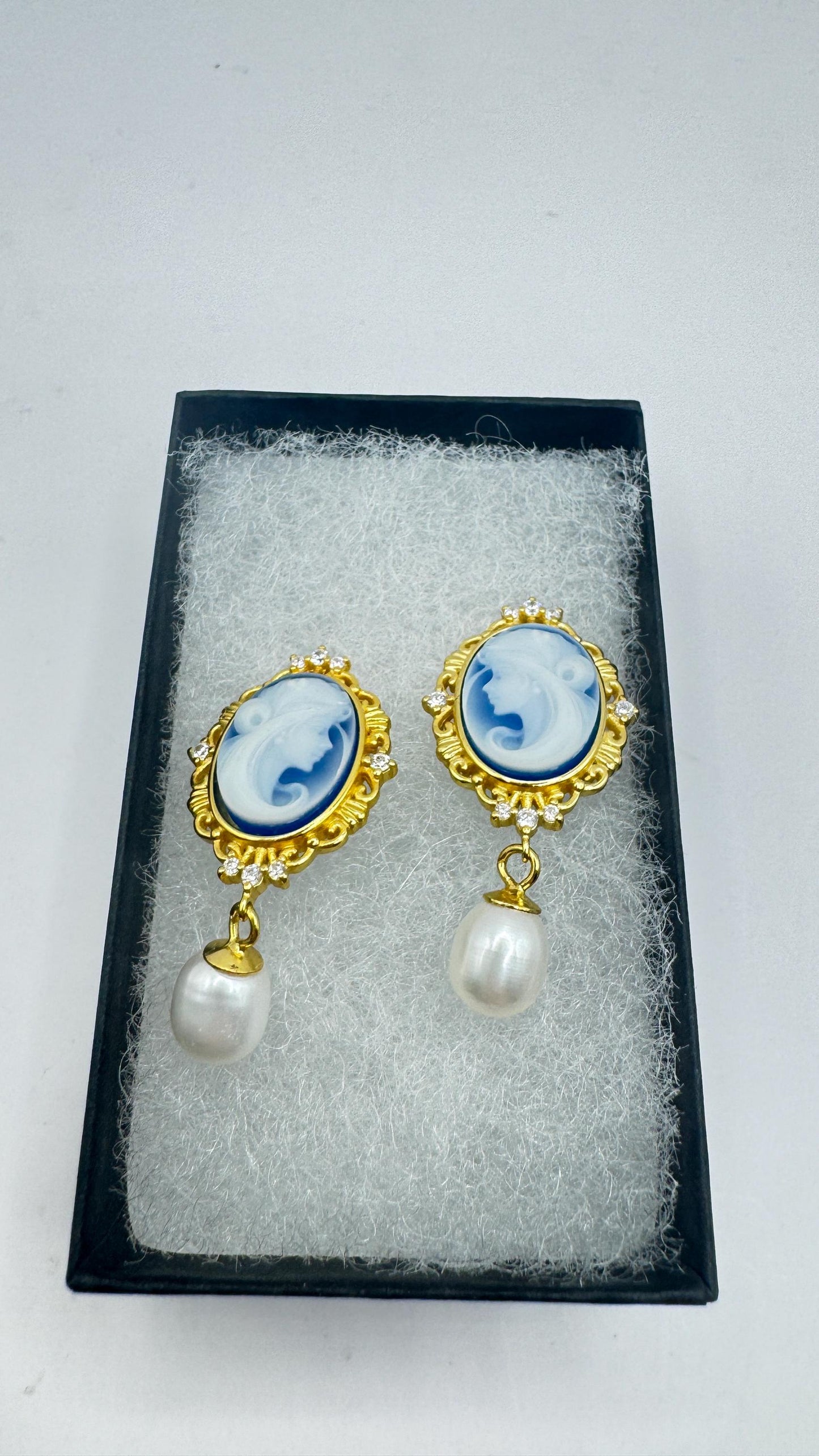 Vintage Blue Onyx Cameo Yellow Gold 925 Sterling Silver Earrings