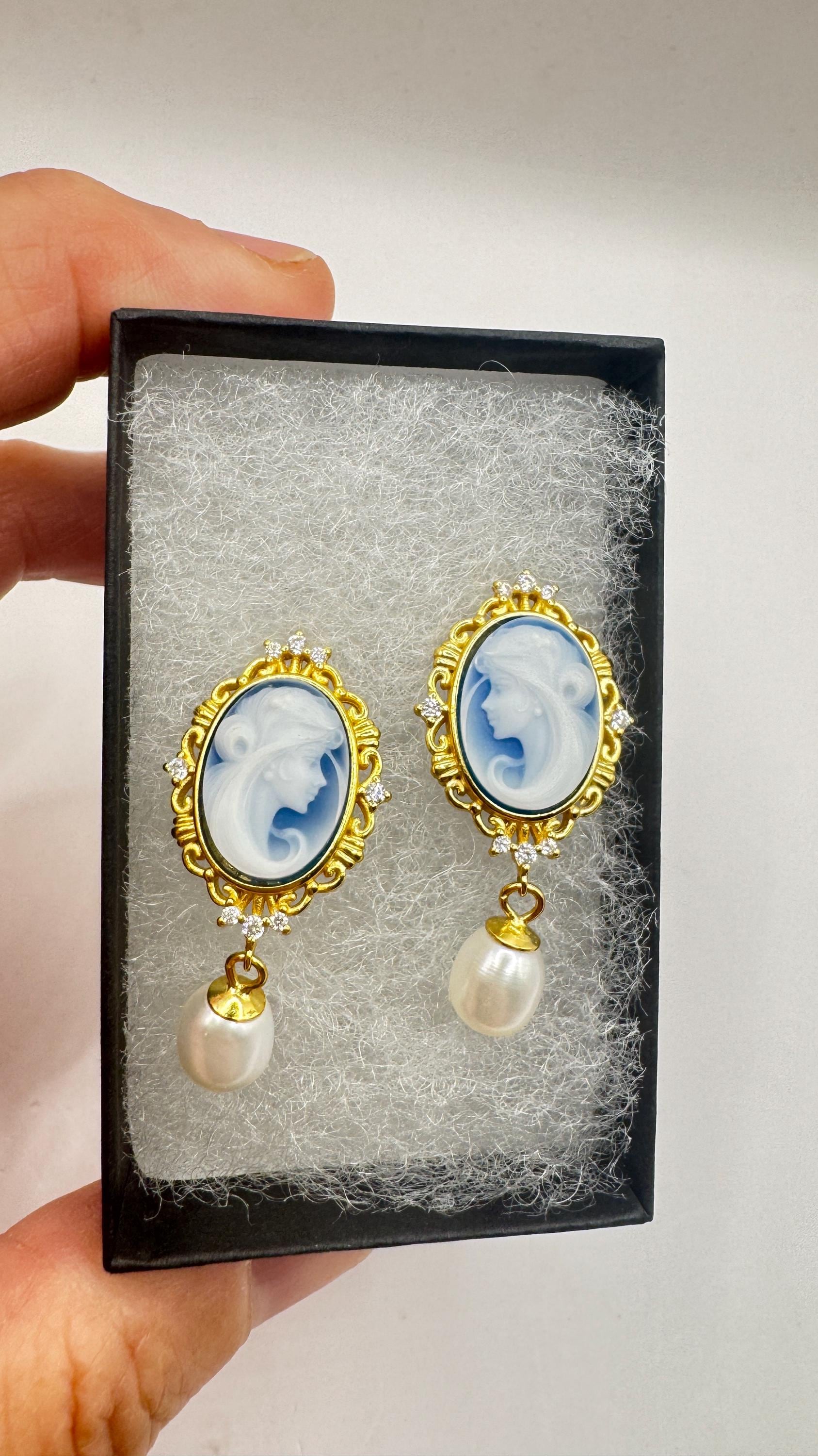 Vintage Blue Onyx Cameo Yellow Gold 925 Sterling Silver Earrings