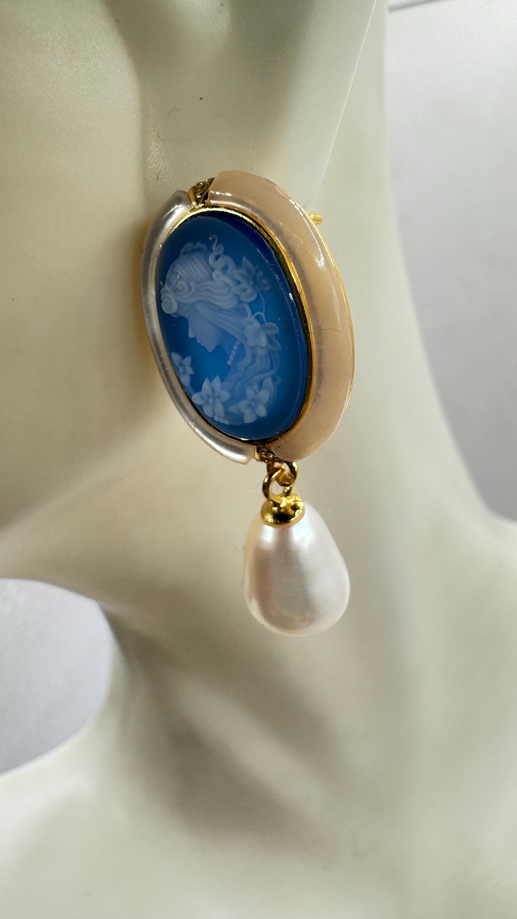 Vintage Blue Onyx Cameo Yellow Gold 925 Sterling Silver Earrings