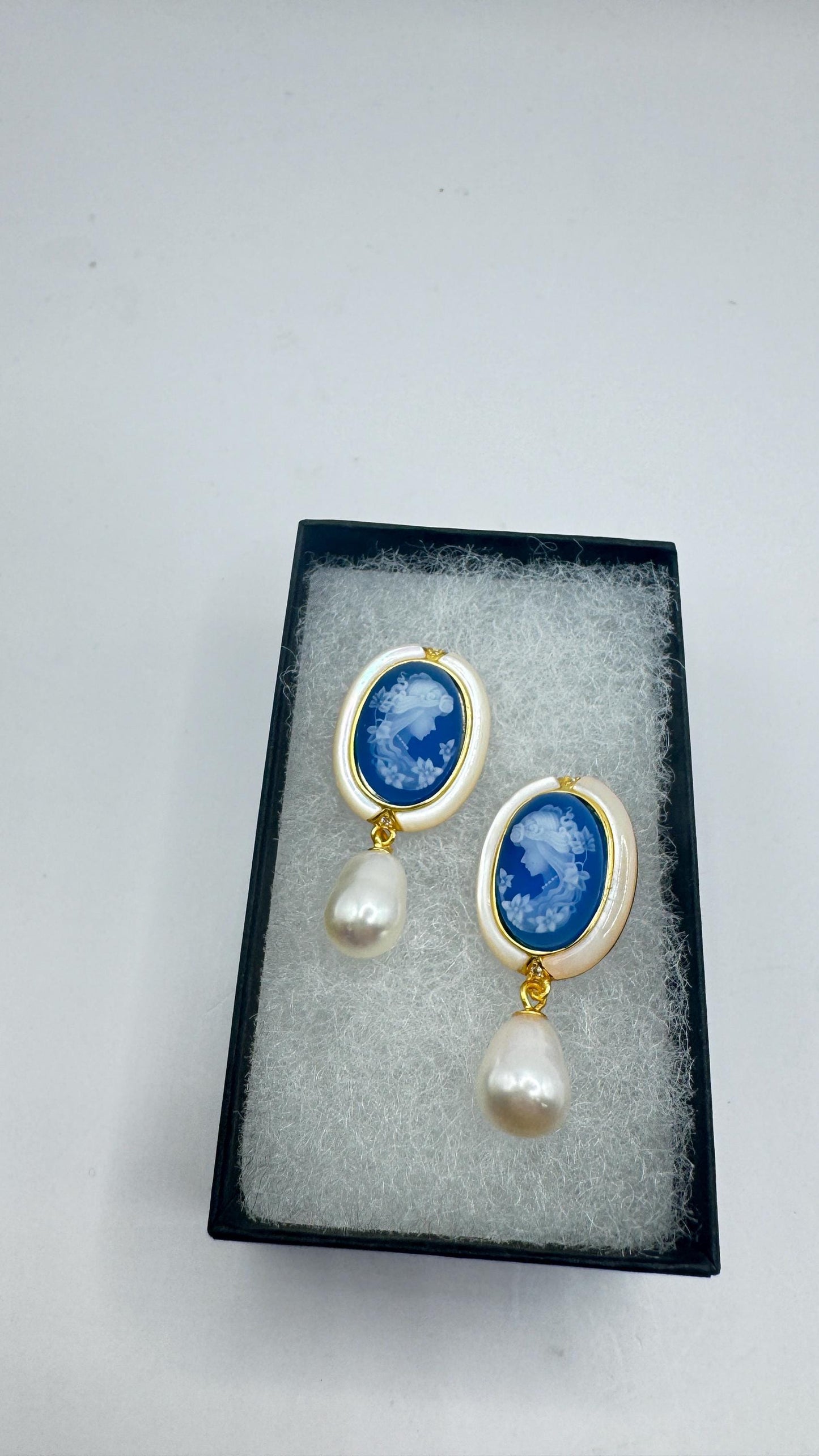 Vintage Blue Onyx Cameo Yellow Gold 925 Sterling Silver Earrings