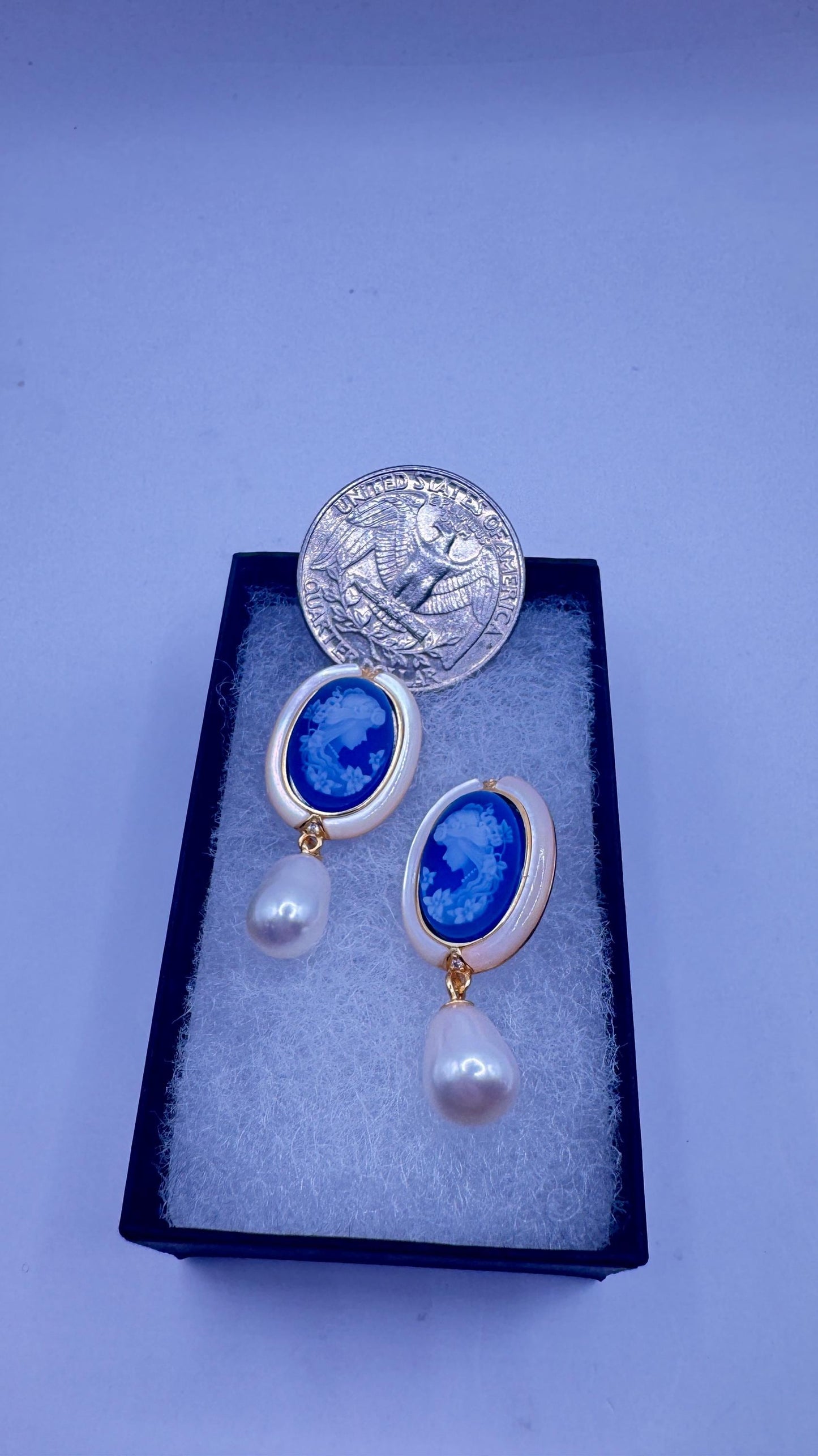 Vintage Blue Onyx Cameo Yellow Gold 925 Sterling Silver Earrings