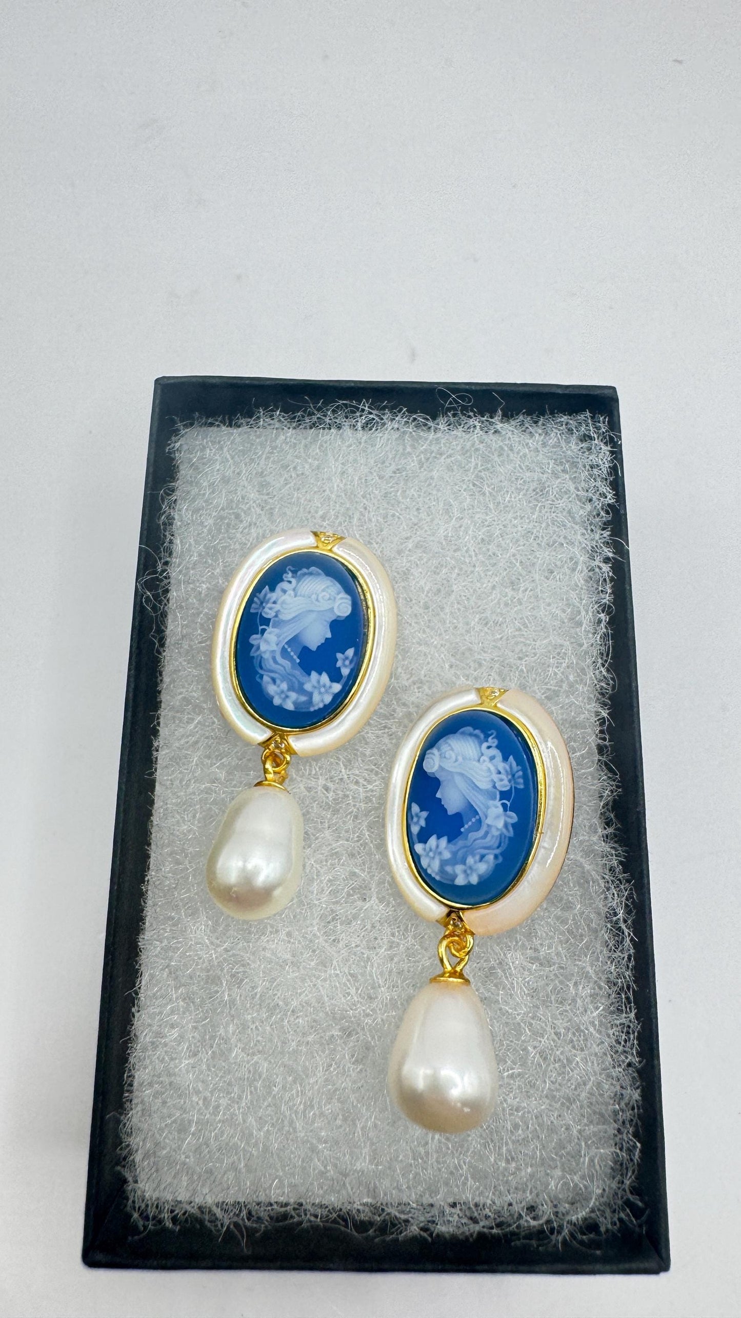 Vintage Blue Onyx Cameo Yellow Gold 925 Sterling Silver Earrings