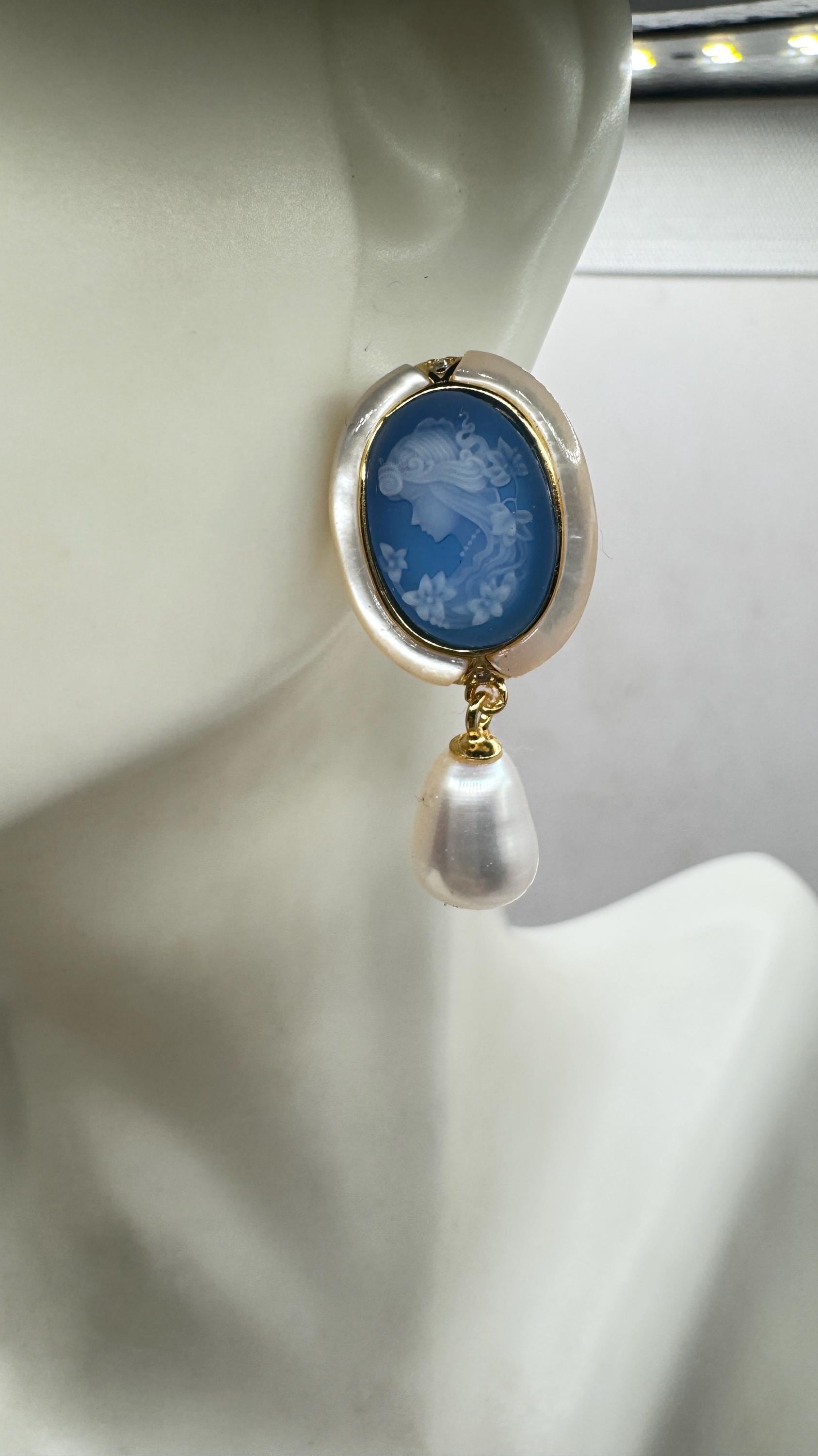 Vintage Blue Onyx Cameo Yellow Gold 925 Sterling Silver Earrings