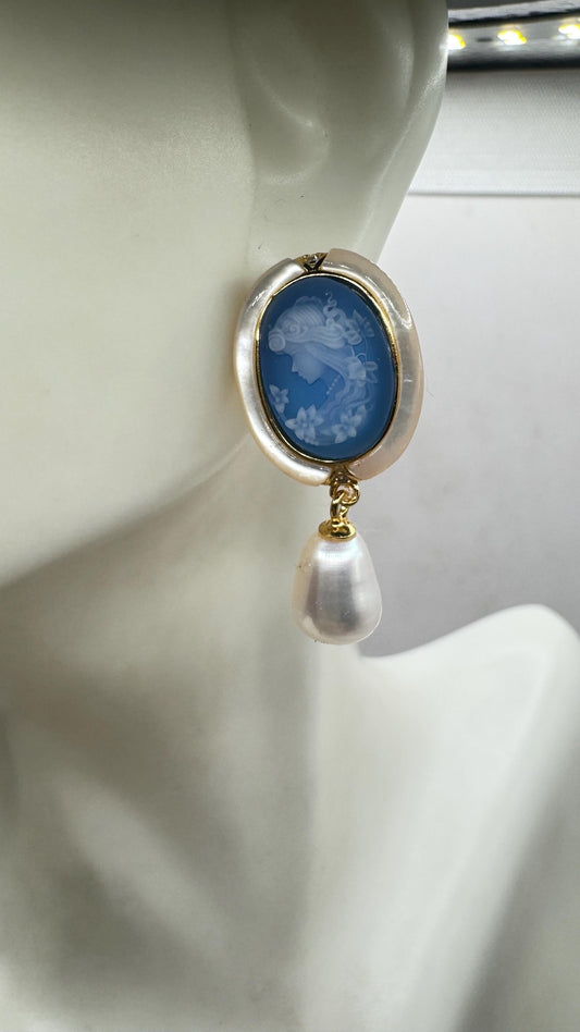 Vintage Blue Onyx Cameo Yellow Gold 925 Sterling Silver Earrings