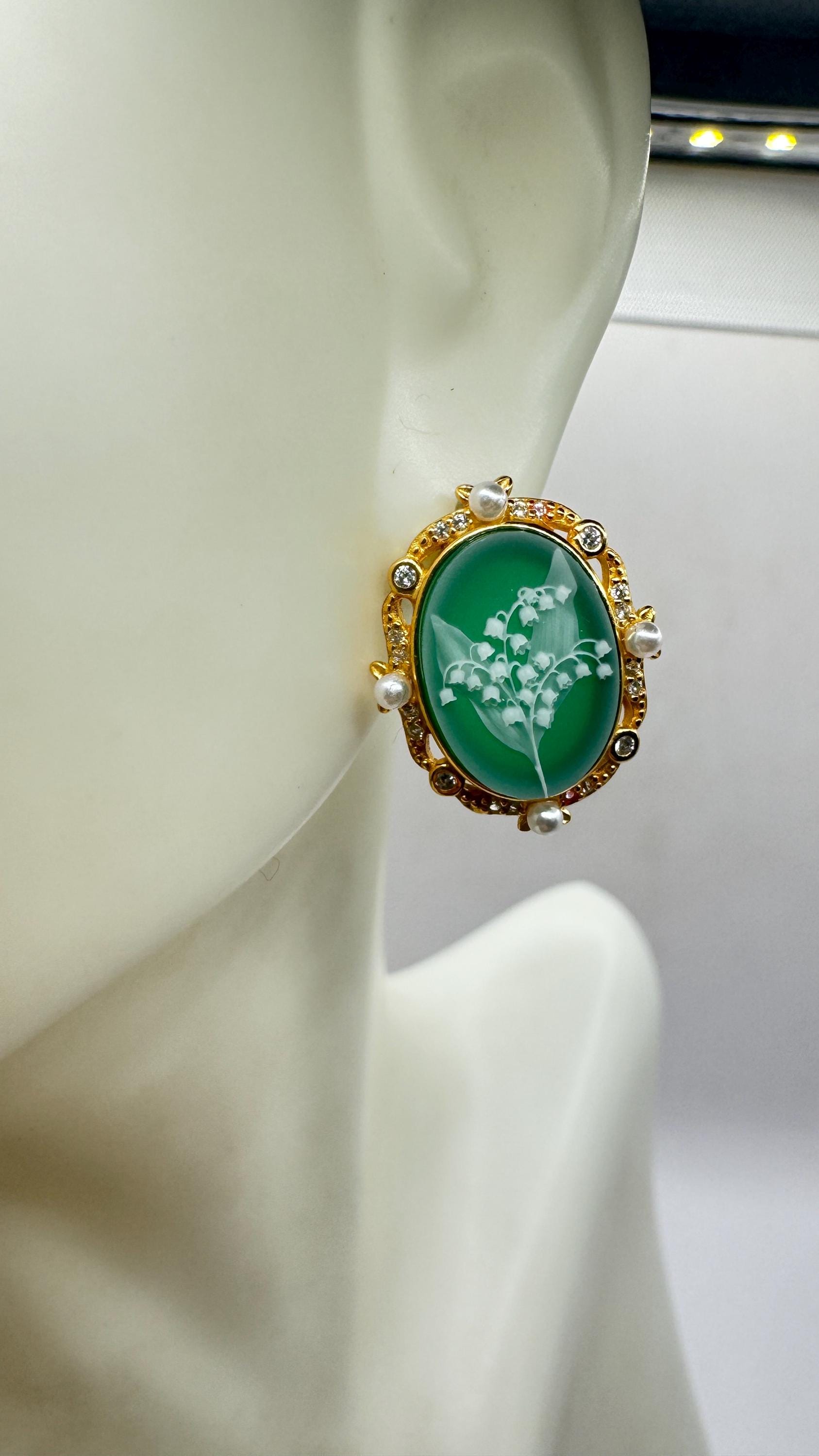 Vintage Cameo Yellow Gold 925 Sterling Silver Earrings