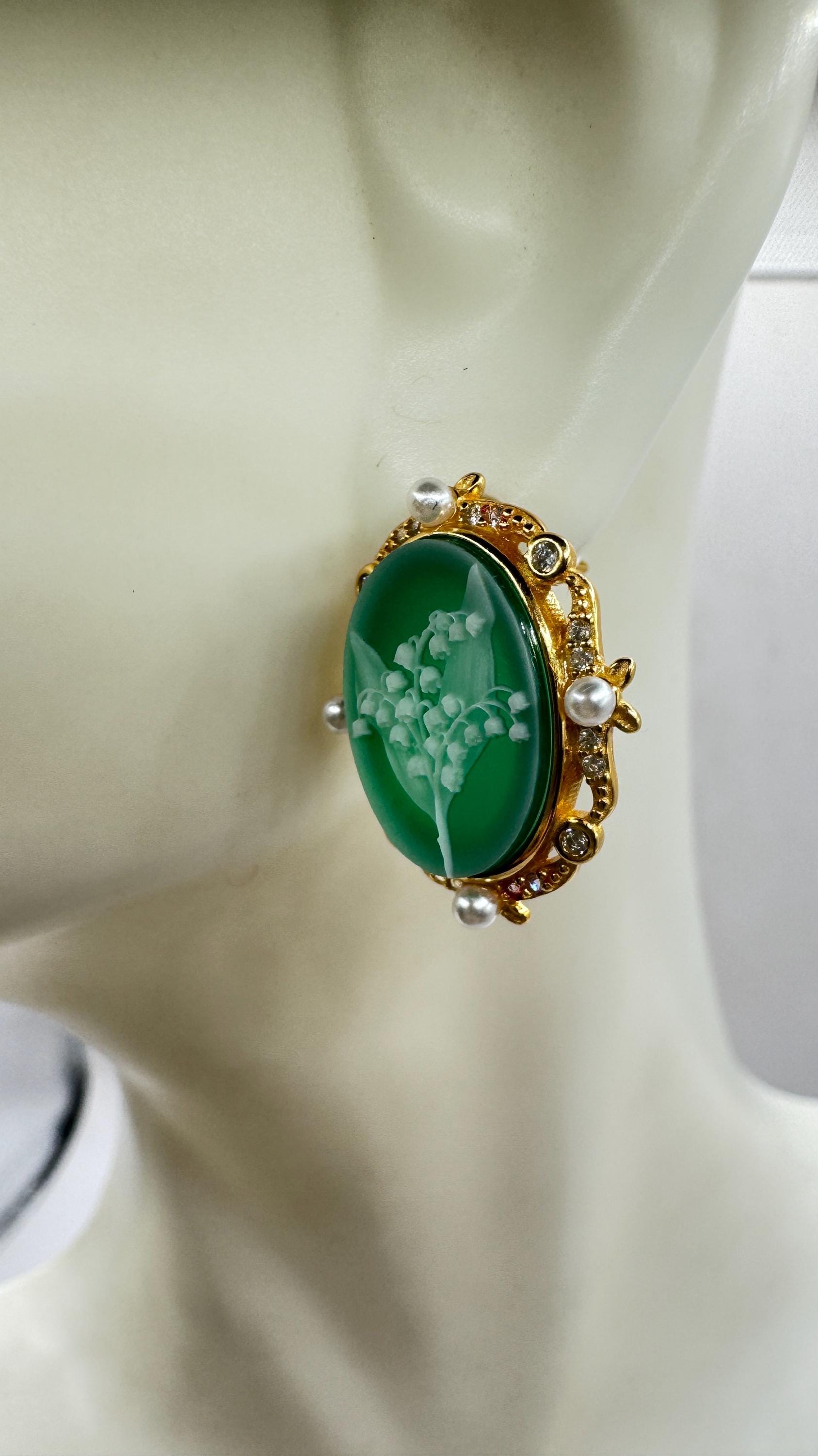 Vintage Cameo Yellow Gold 925 Sterling Silver Earrings