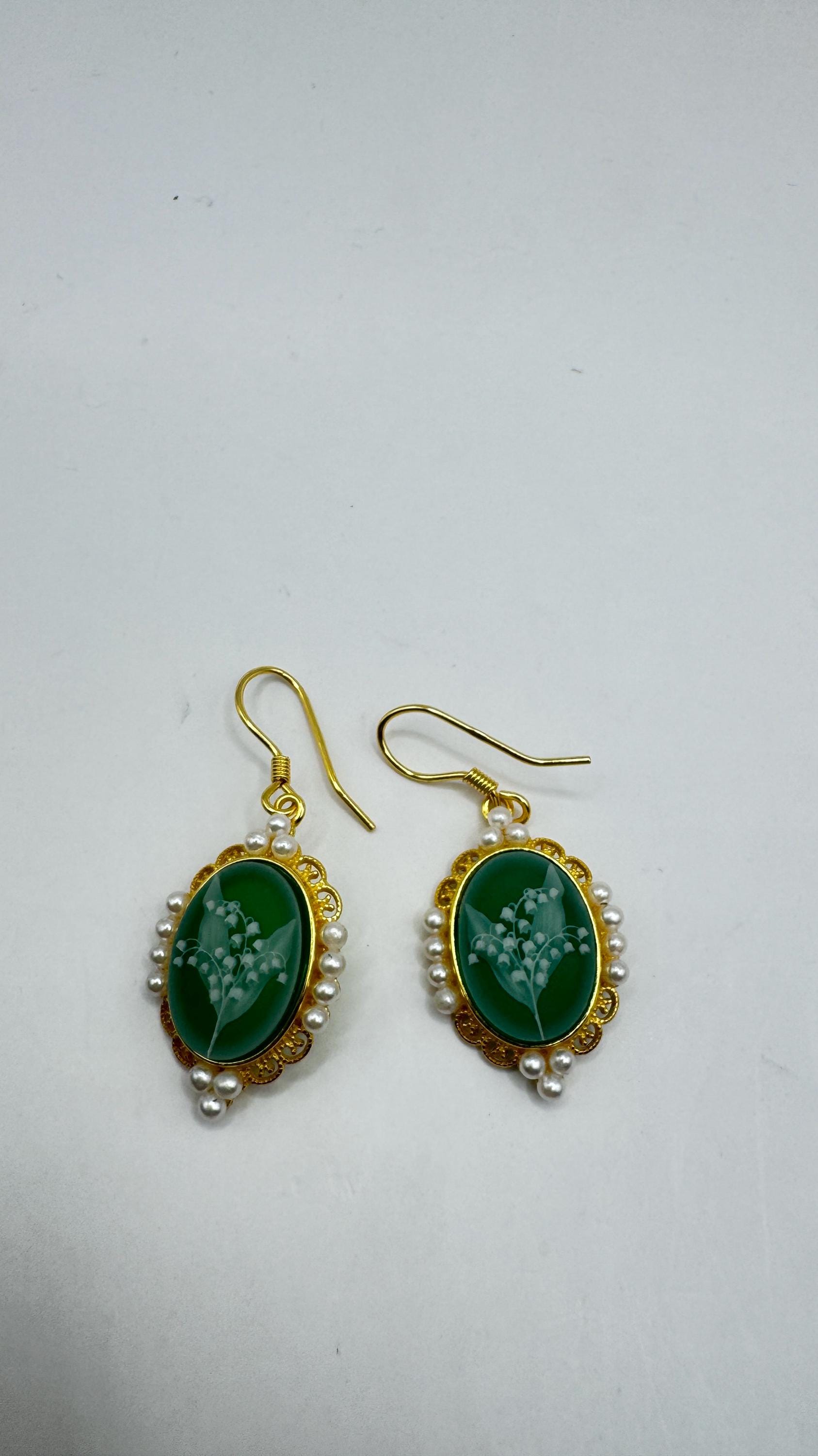 Vintage Cameo Yellow Gold 925 Sterling Silver Earrings