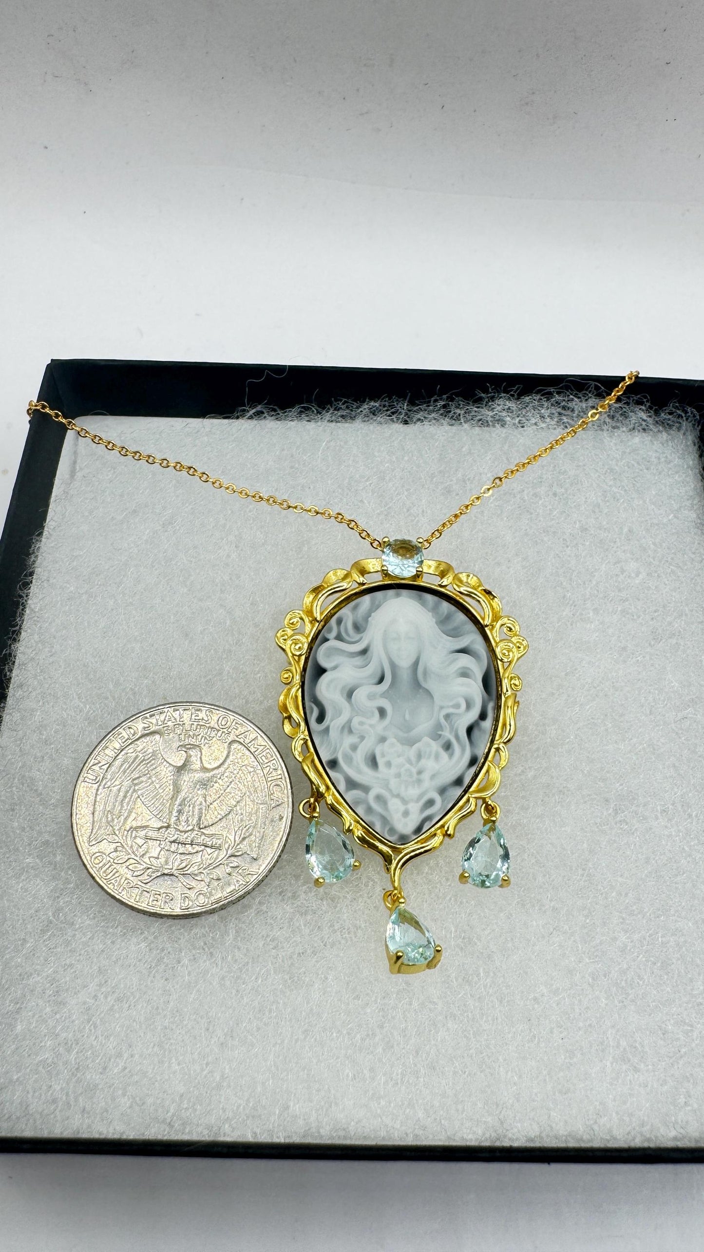 Vintage Moon Goddess Onyx Cameo Gold 925 Sterling Silver Necklace Pin Brooch