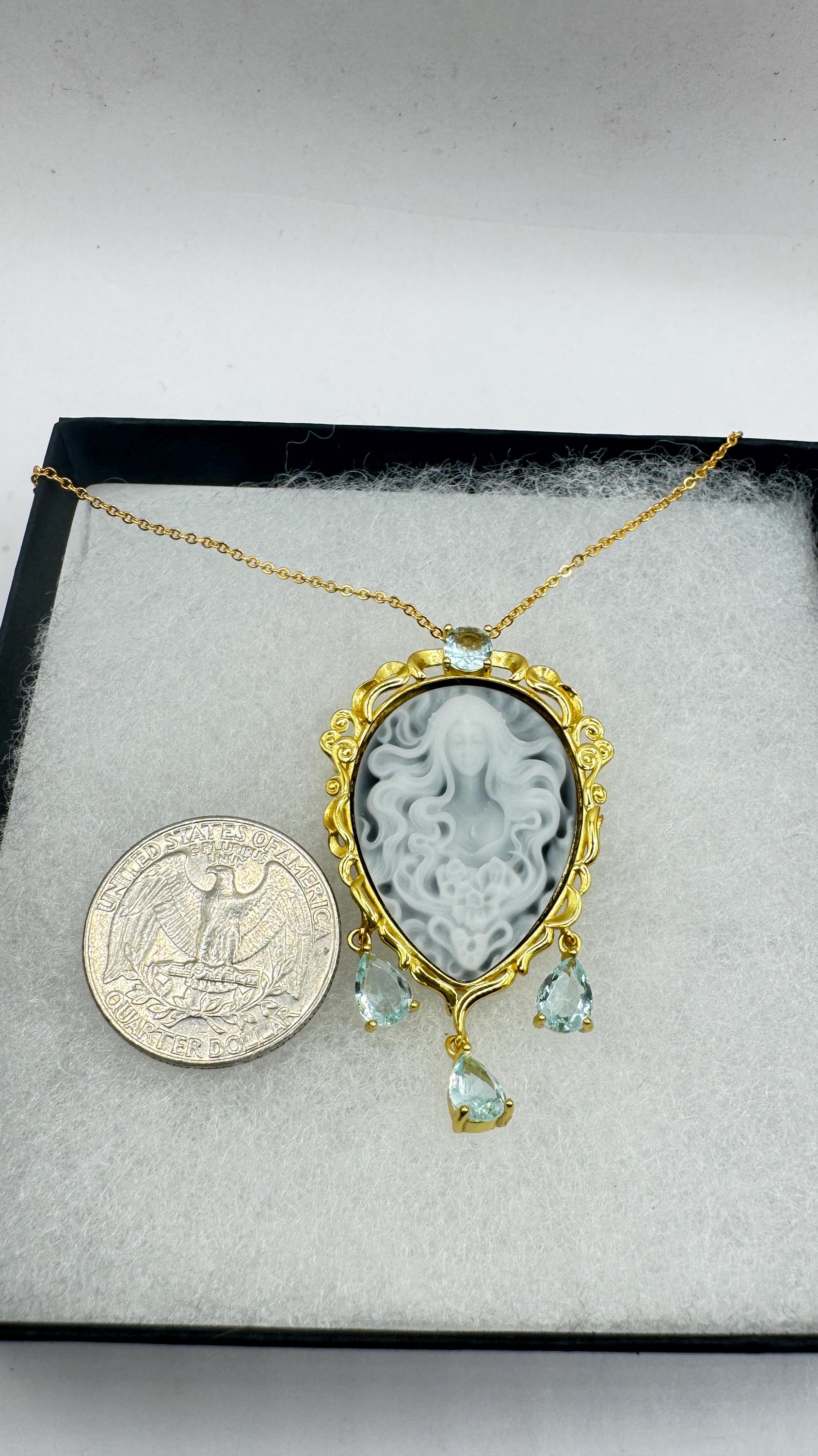 Vintage Moon Goddess Onyx Cameo Gold 925 Sterling Silver Necklace Pin Brooch