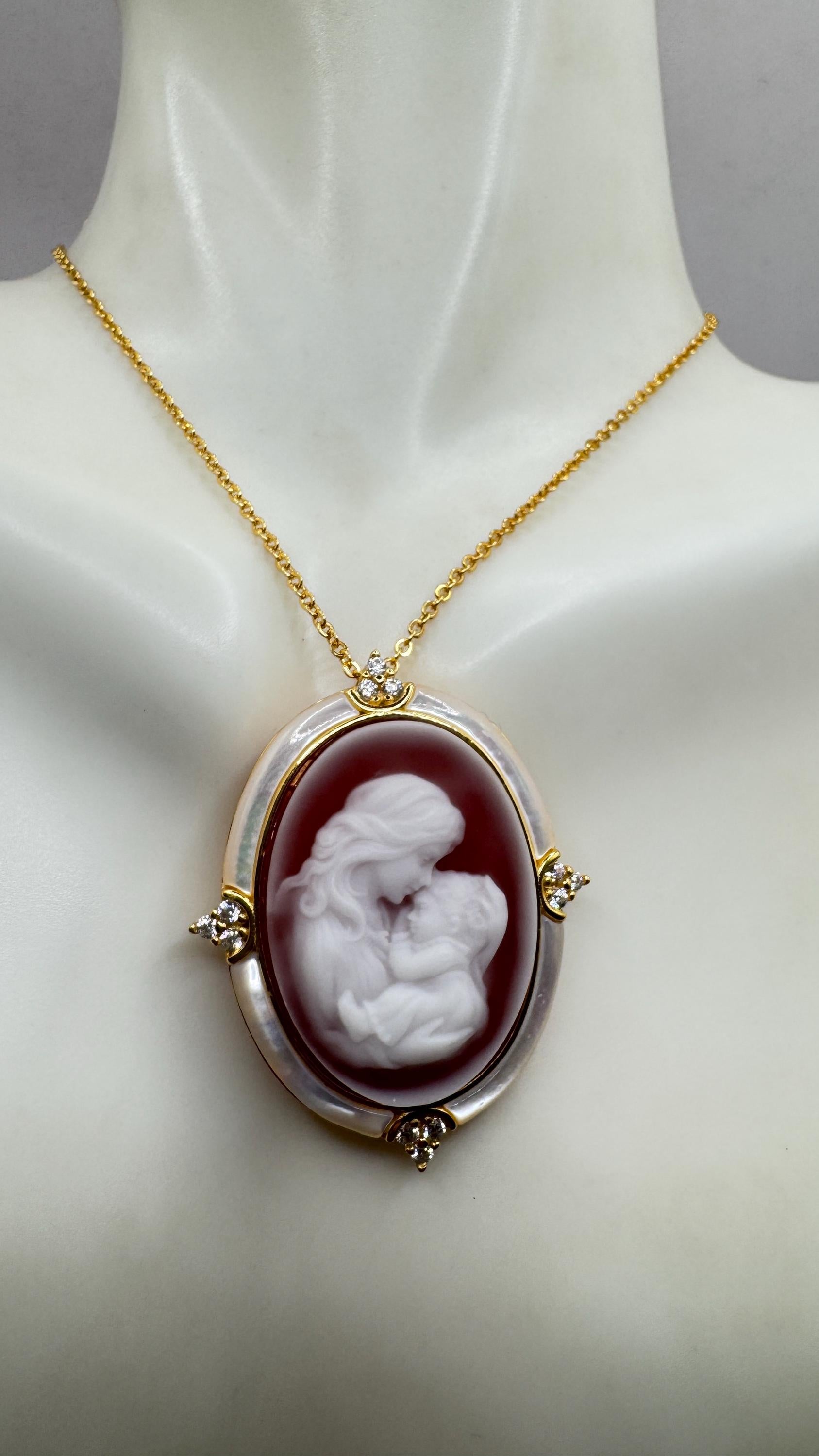 Vintage mother and child Onyx Cameo Choker gold 925 Sterling Silver Necklace Pin Brooch