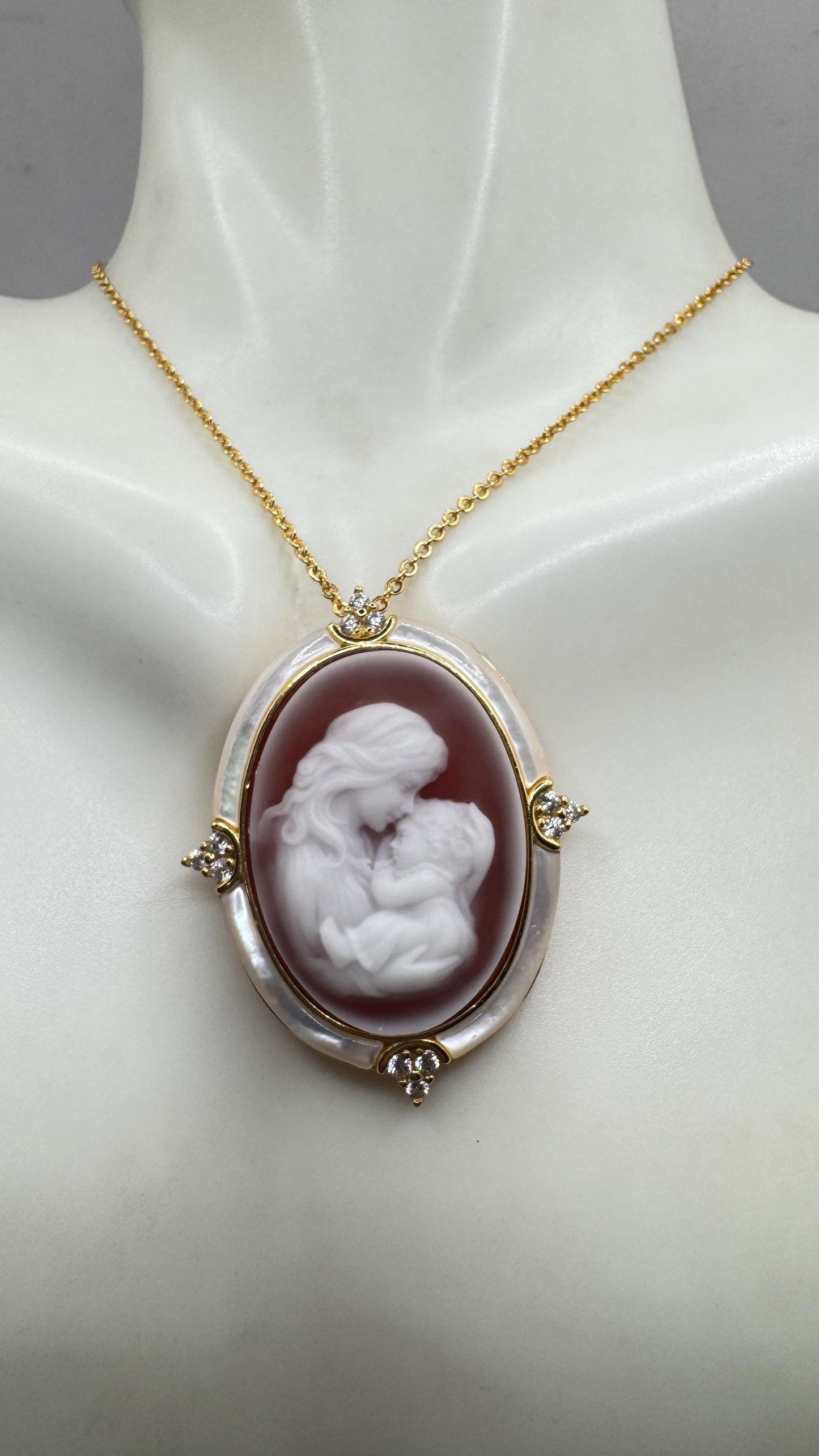 Vintage mother and child Onyx Cameo Choker gold 925 Sterling Silver Necklace Pin Brooch