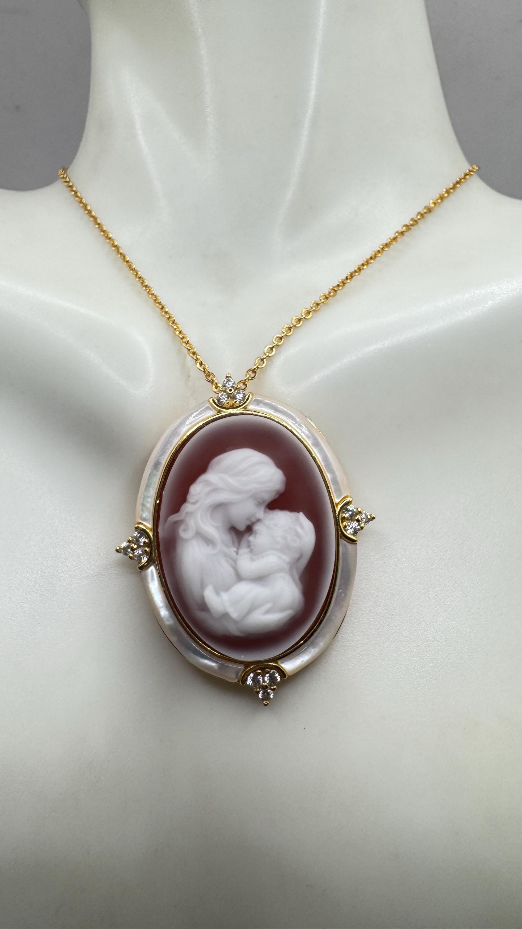 Vintage mother and child Onyx Cameo Choker gold 925 Sterling Silver Necklace Pin Brooch