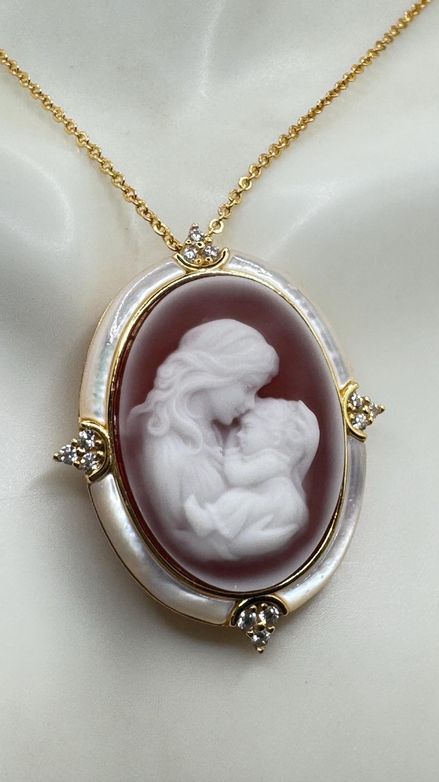 Vintage mother and child Onyx Cameo Choker gold 925 Sterling Silver Necklace Pin Brooch