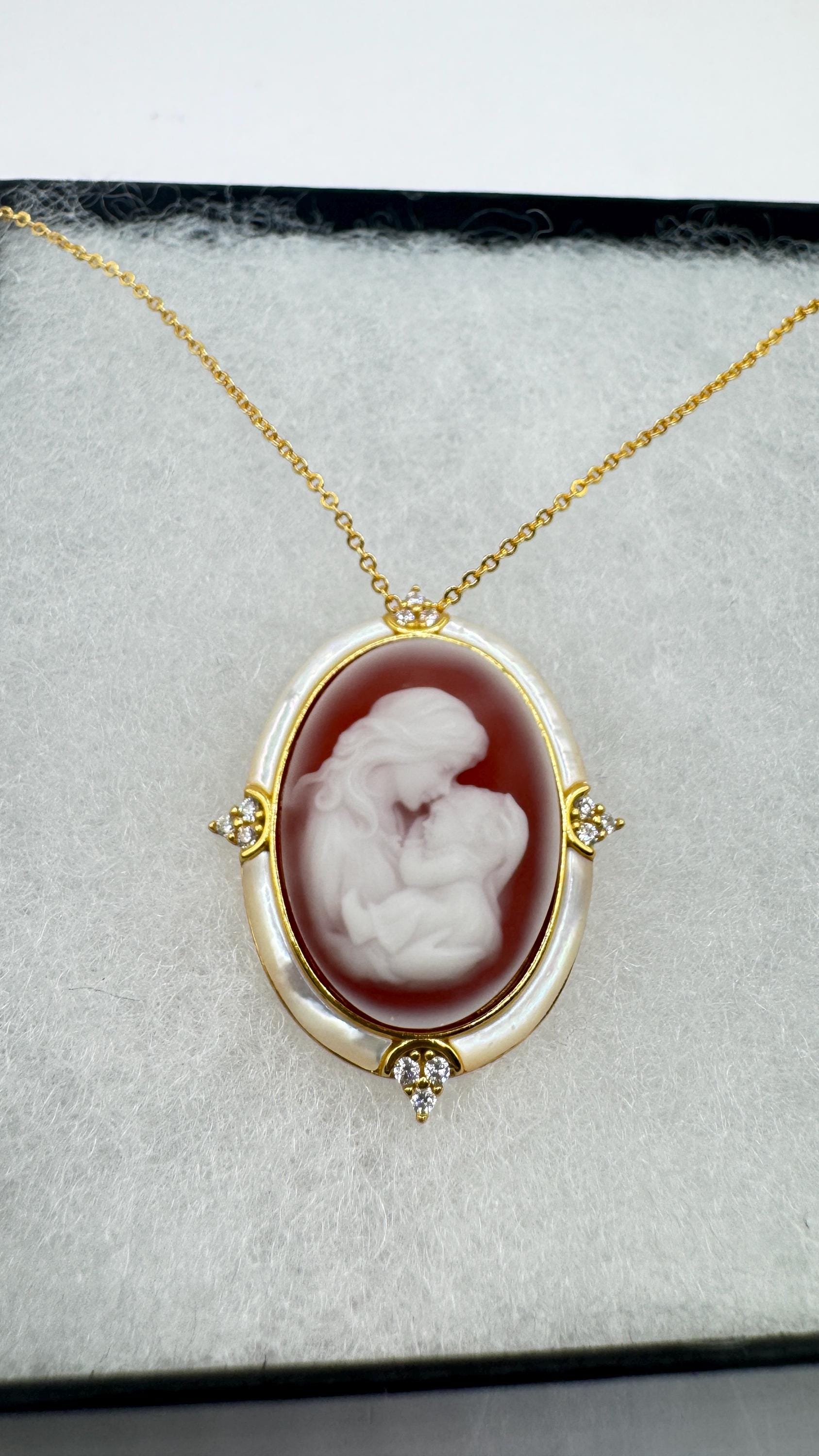 Vintage mother and child Onyx Cameo Choker gold 925 Sterling Silver Necklace Pin Brooch
