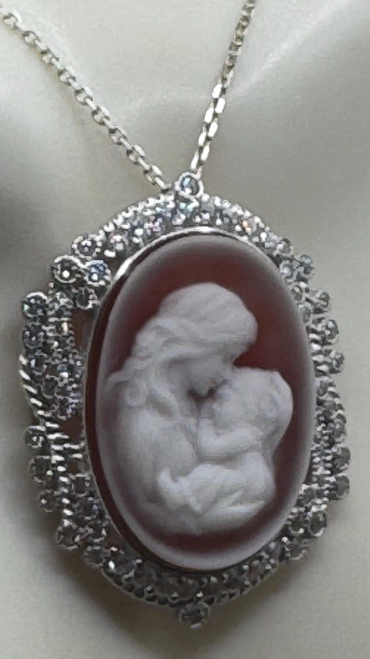 Vintage mother and child Onyx Cameo Choker gold 925 Sterling Silver Necklace Pin Brooch