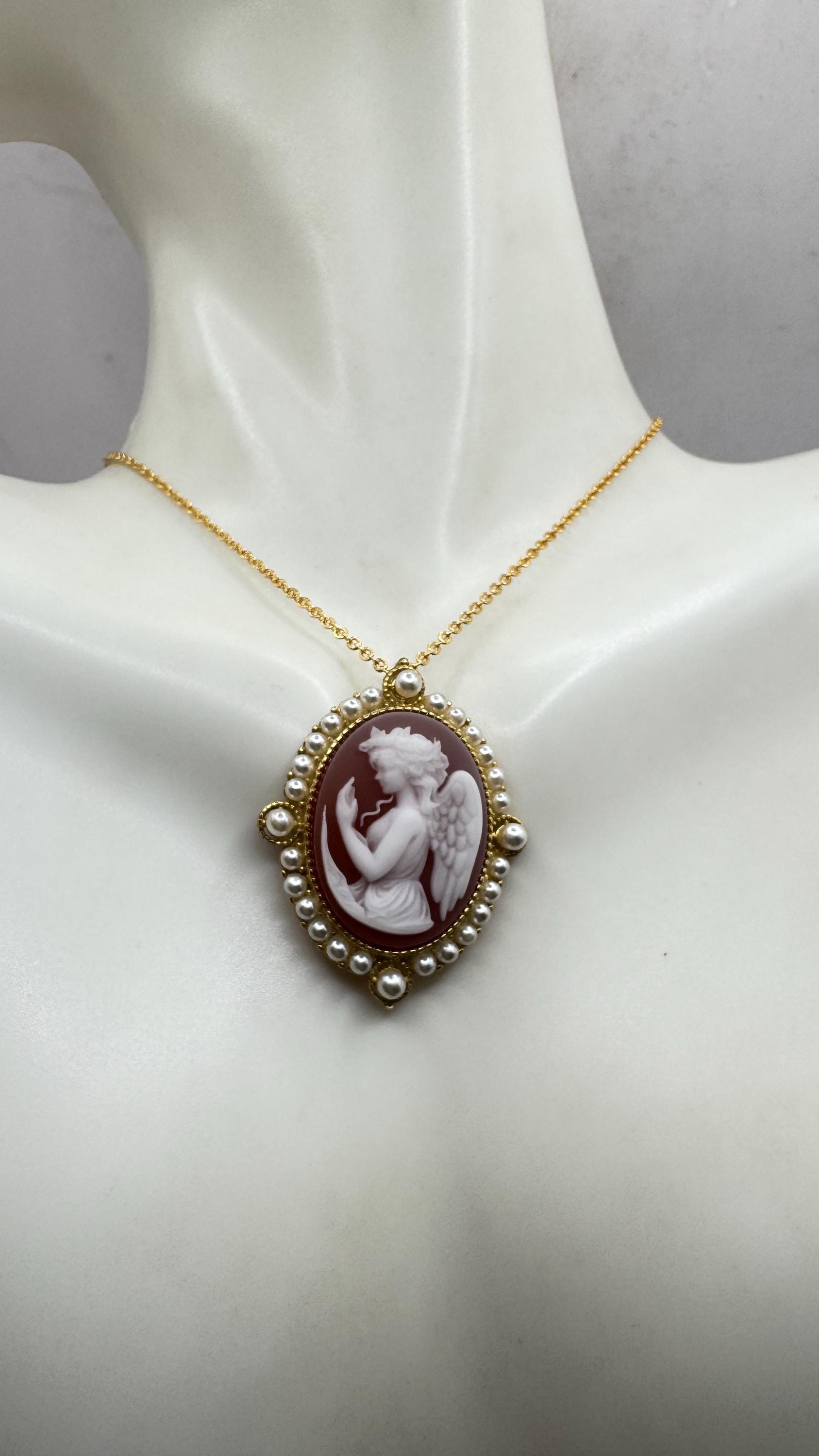 Vintage Gaurdian Angel Onyx Cameo Gold 925 Sterling silver Necklace Choker