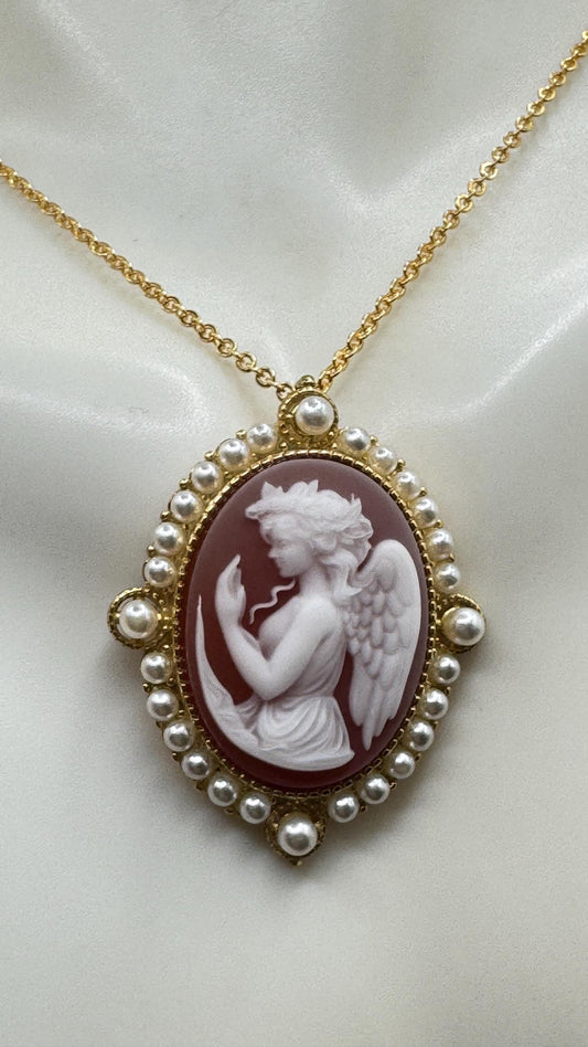 Vintage Gaurdian Angel Onyx Cameo Gold 925 Sterling silver Necklace Choker