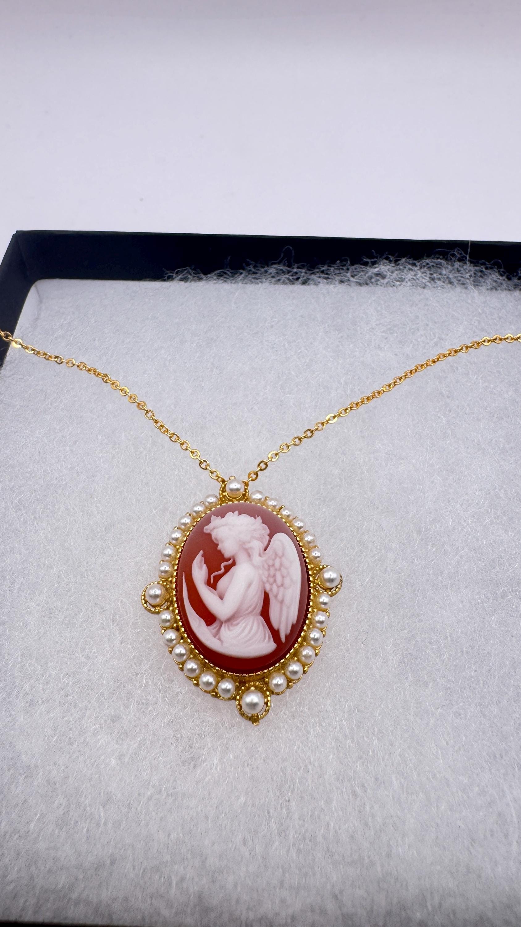 Vintage Gaurdian Angel Onyx Cameo Gold 925 Sterling silver Necklace Choker