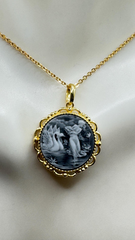 Vintage Leda and Swans Cameo Gold 925 Sterling Silver Necklace Choker