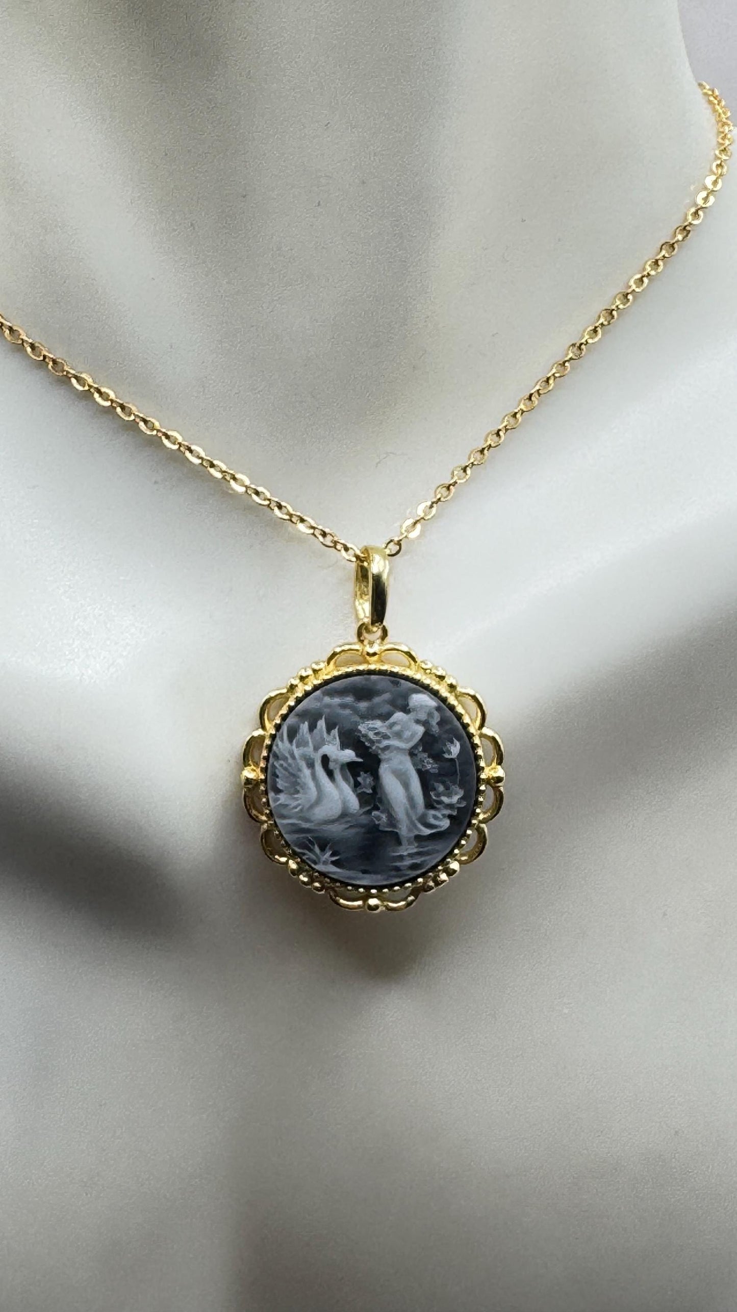 Vintage Leda and Swans Cameo Gold 925 Sterling Silver Necklace Choker