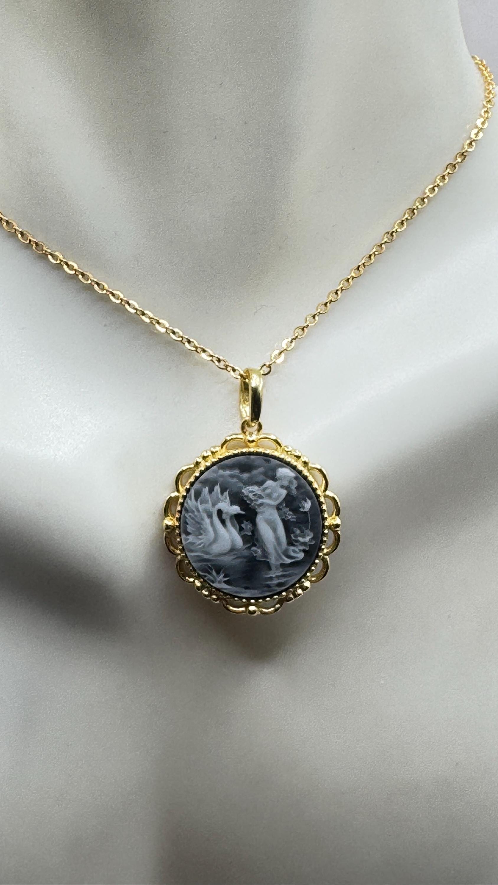 Vintage Leda and Swans Cameo Gold 925 Sterling Silver Necklace Choker