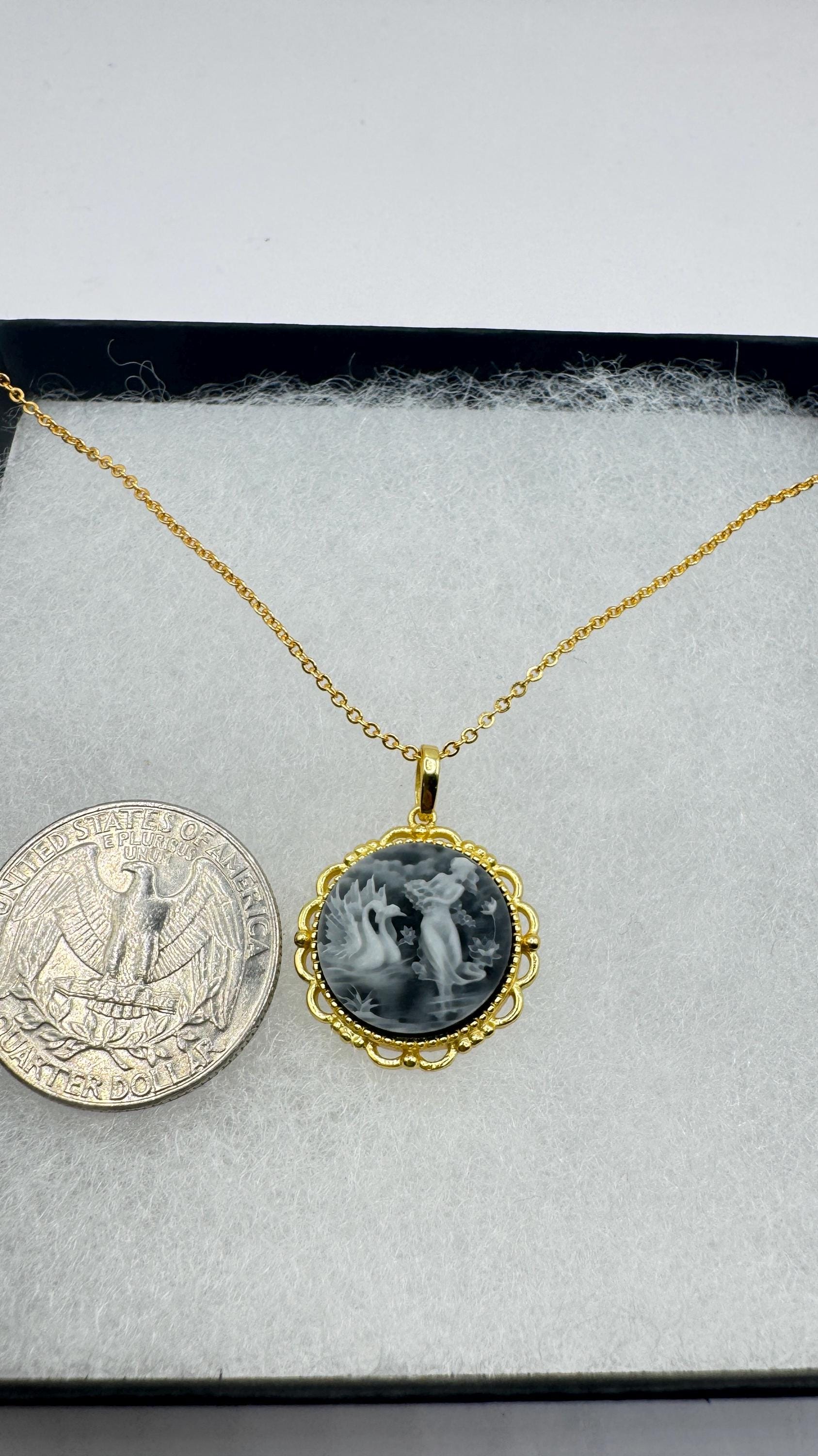 Vintage Leda and Swans Cameo Gold 925 Sterling Silver Necklace Choker