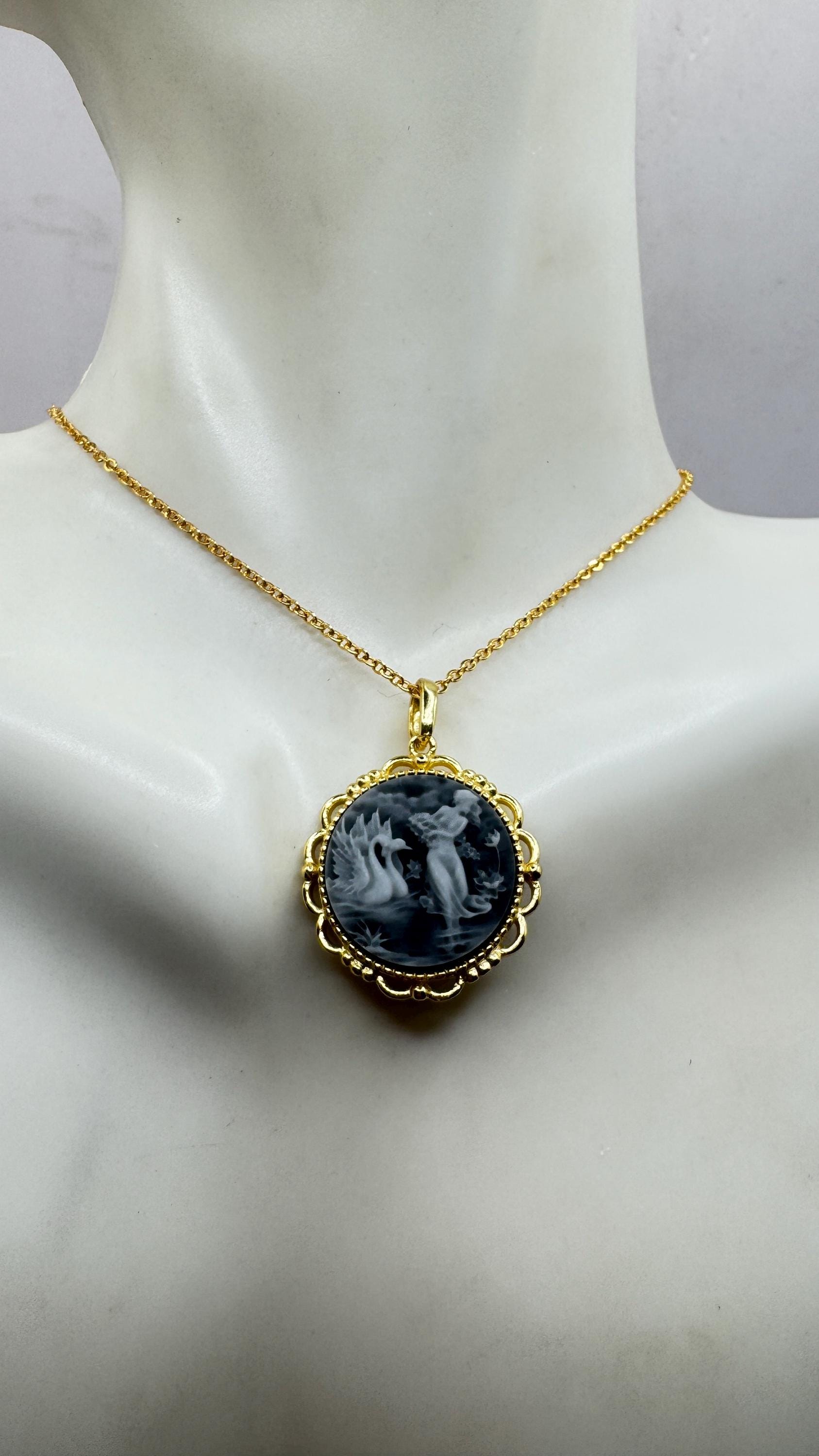 Vintage Leda and Swans Cameo Gold 925 Sterling Silver Necklace Choker