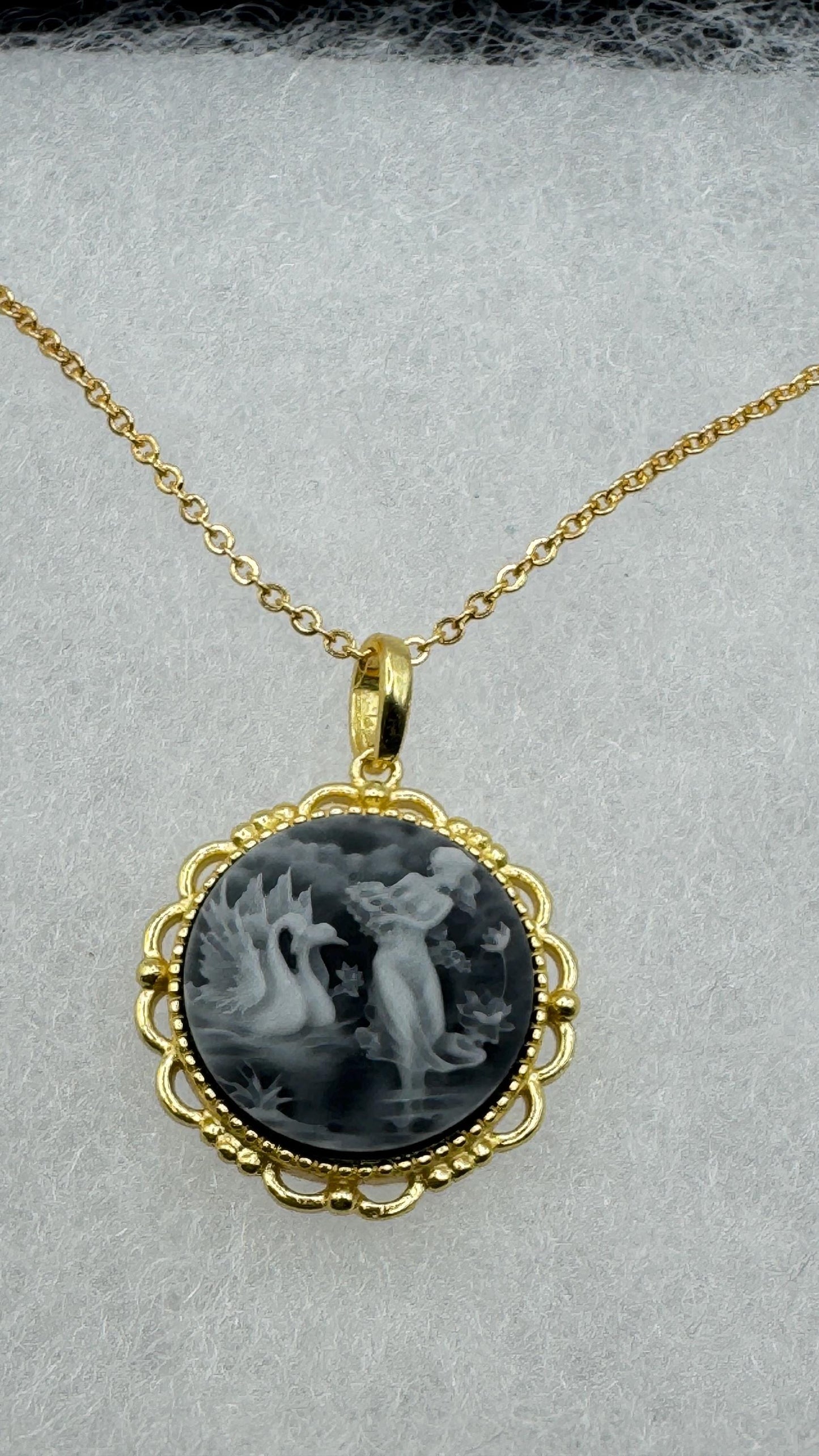 Vintage Leda and Swans Cameo Gold 925 Sterling Silver Necklace Choker