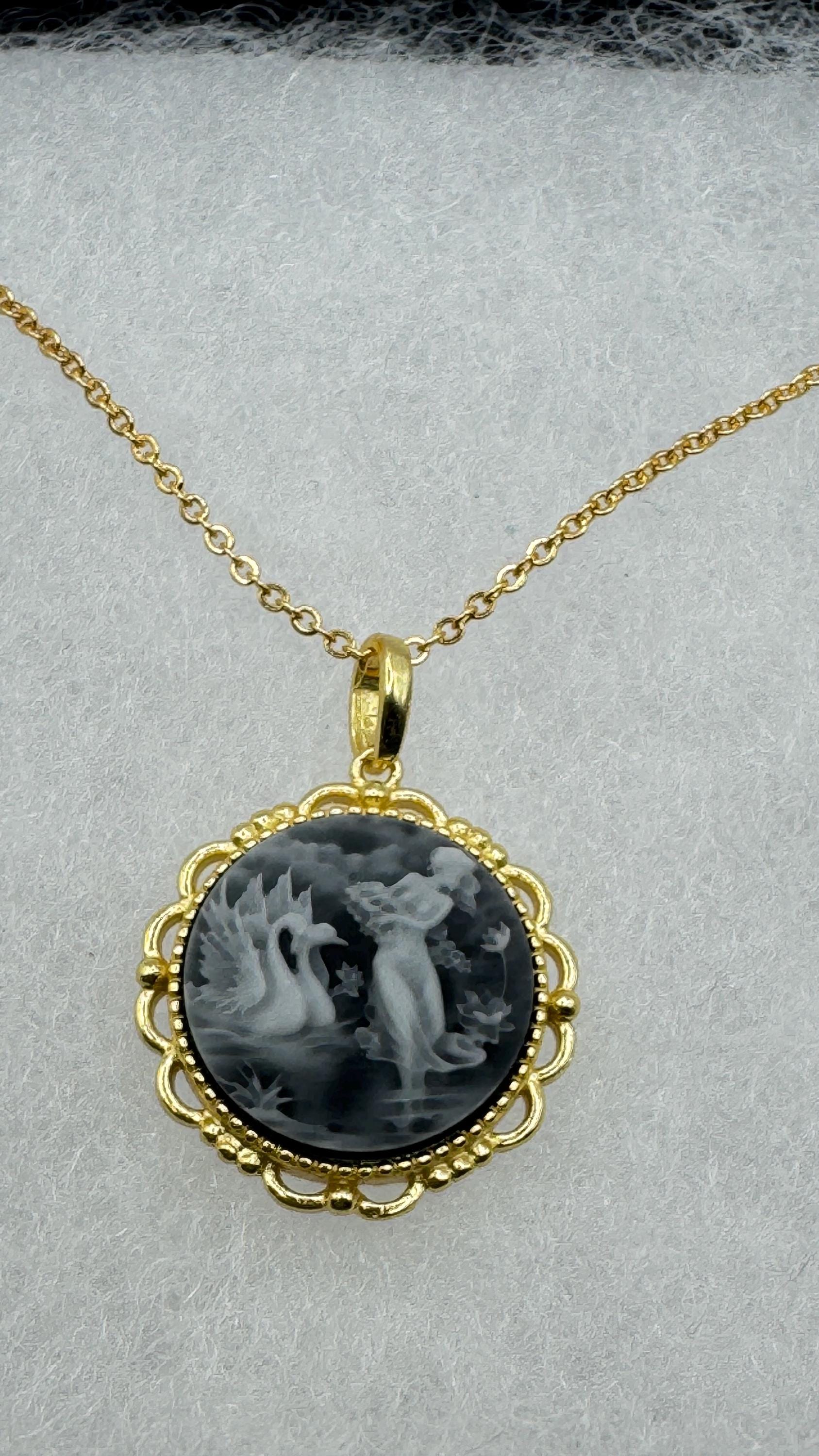 Vintage Leda and Swans Cameo Gold 925 Sterling Silver Necklace Choker