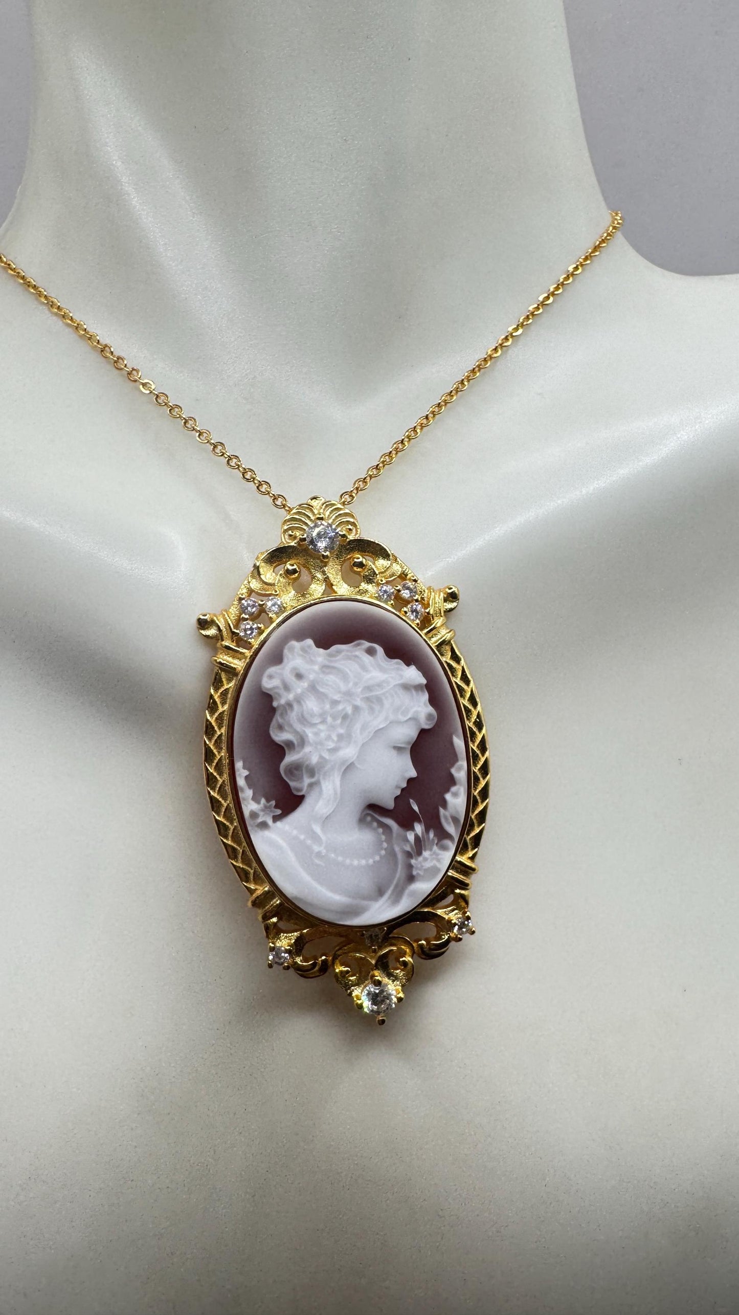 Vintage Red Onyx Cameo Gold 925 Sterling silver Necklace Choker