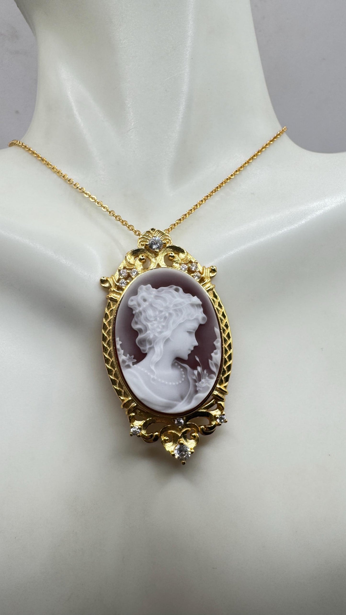 Vintage Red Onyx Cameo Gold 925 Sterling silver Necklace Choker