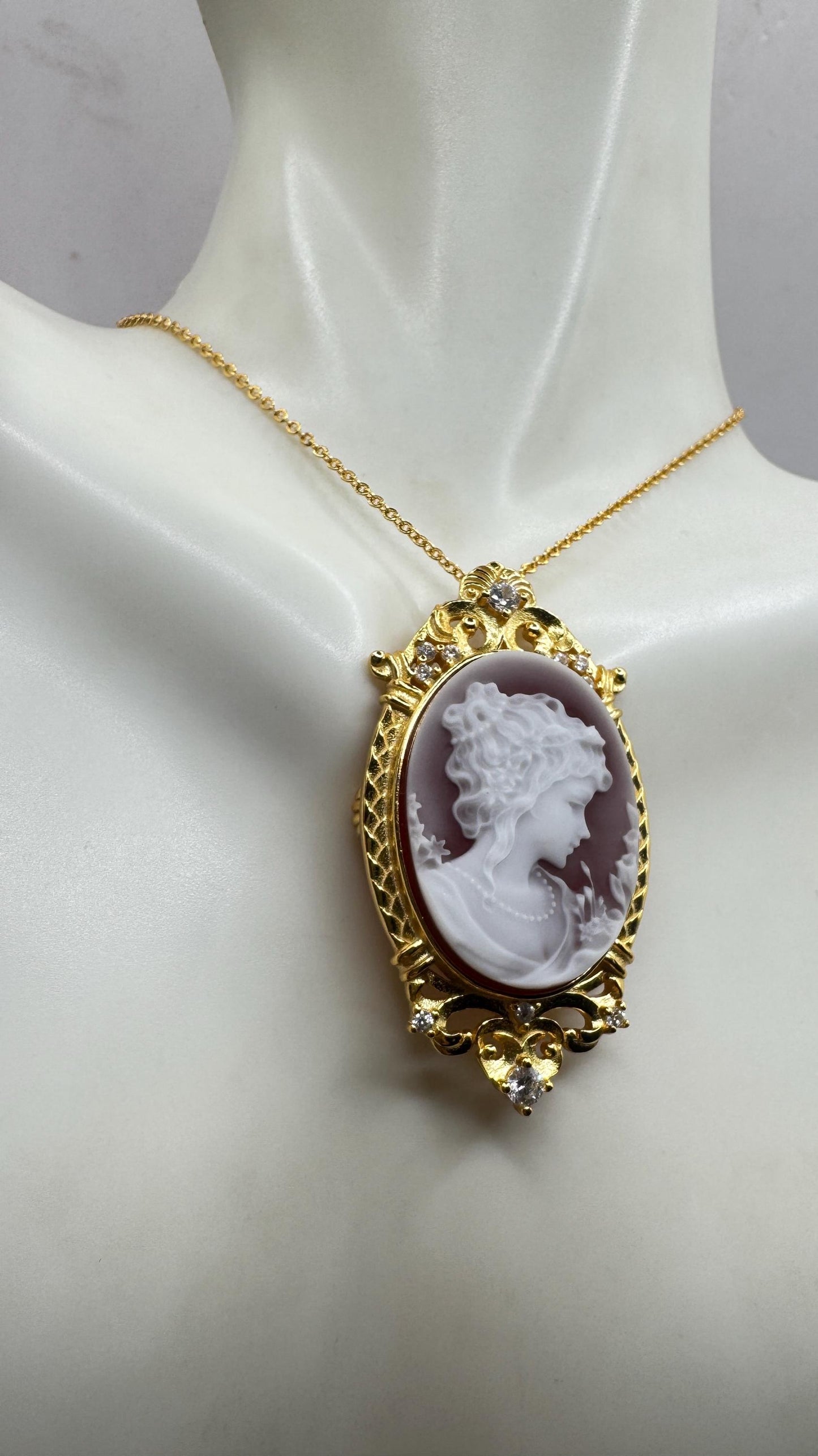 Vintage Red Onyx Cameo Gold 925 Sterling silver Necklace Choker