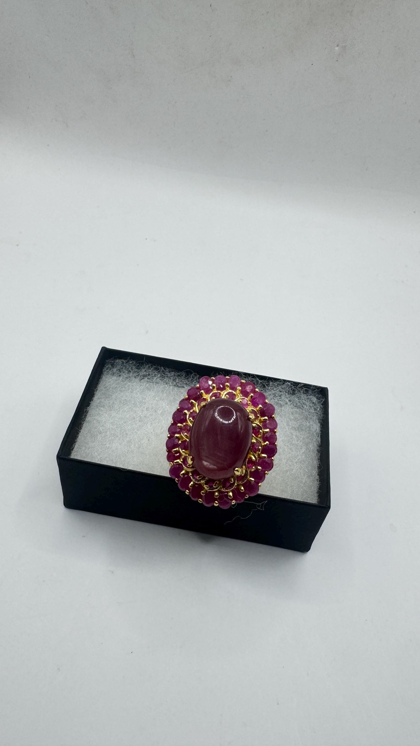 Vintage Pink Star Ruby Gold 925 Sterling Silver Cocktail Ring